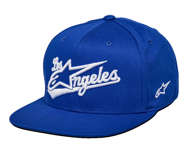 Alpinestars Cappello Los Angeles, cappello snapback blu, logo Los Angeles ricamato in 3D bianco con carattere sportivo, visiera piatta, corona strutturata, copricapo casual ispirato al motorsport