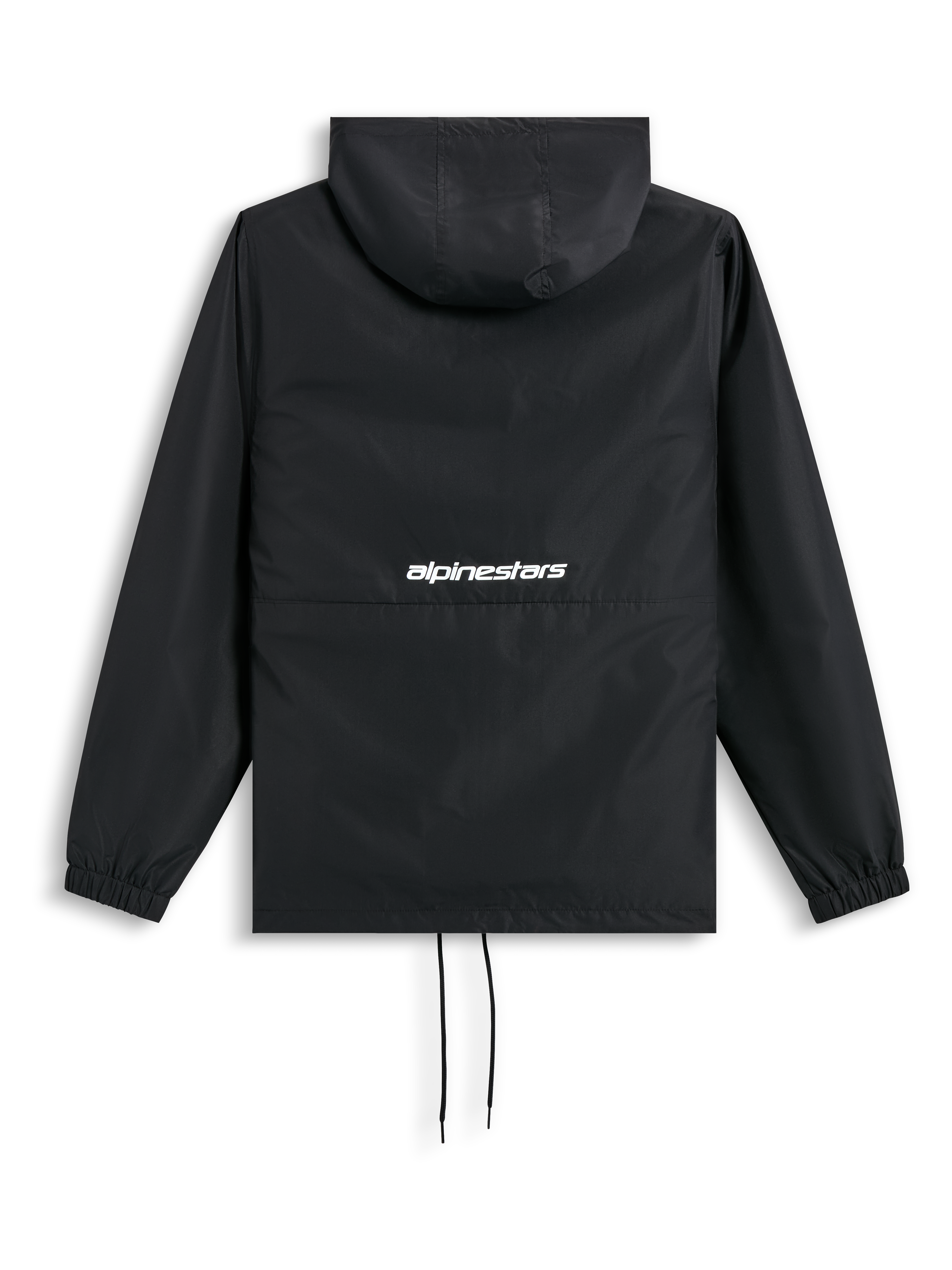 Alpinestars Giacca Frangivento Speeder Chromium, giacca a vento nera con cappuccio, polsini elastici, orlo con cordino e logo con scritta bianca sul retro
