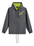Alpinestars Speeder Chromium Windbreak Jacket, giacca a vento, grigio antracite con giallo Hi-Vis, logo a stella verde lime sul petto, cappuccio foderato in rete, zip integrale e fondo con coulisse, stile casual ispirato al motorsport
