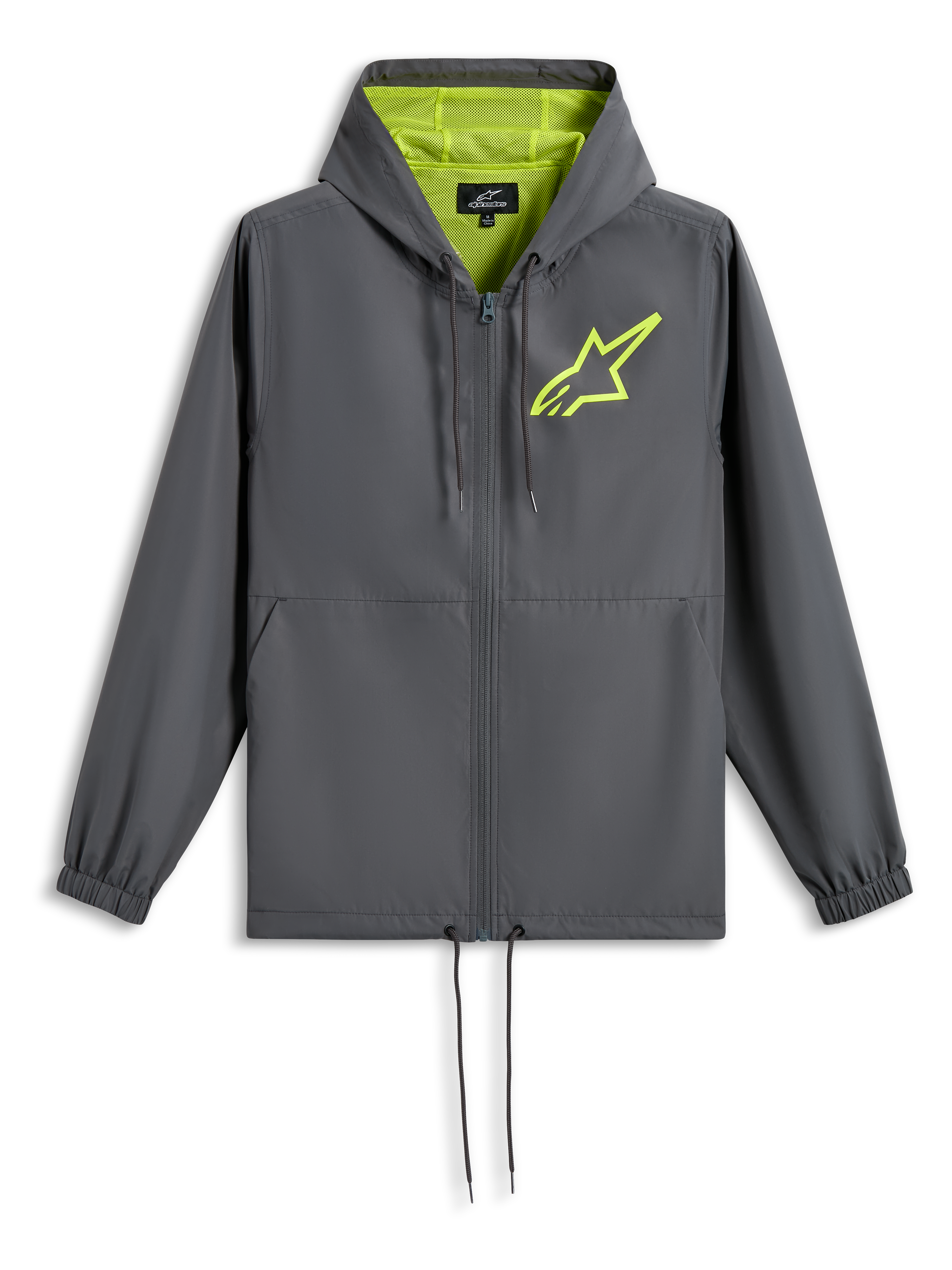 Alpinestars Speeder Chromium Windbreak Jacket, giacca a vento, grigio antracite con giallo Hi-Vis, logo a stella verde lime sul petto, cappuccio foderato in rete, zip integrale e fondo con coulisse, stile casual ispirato al motorsport