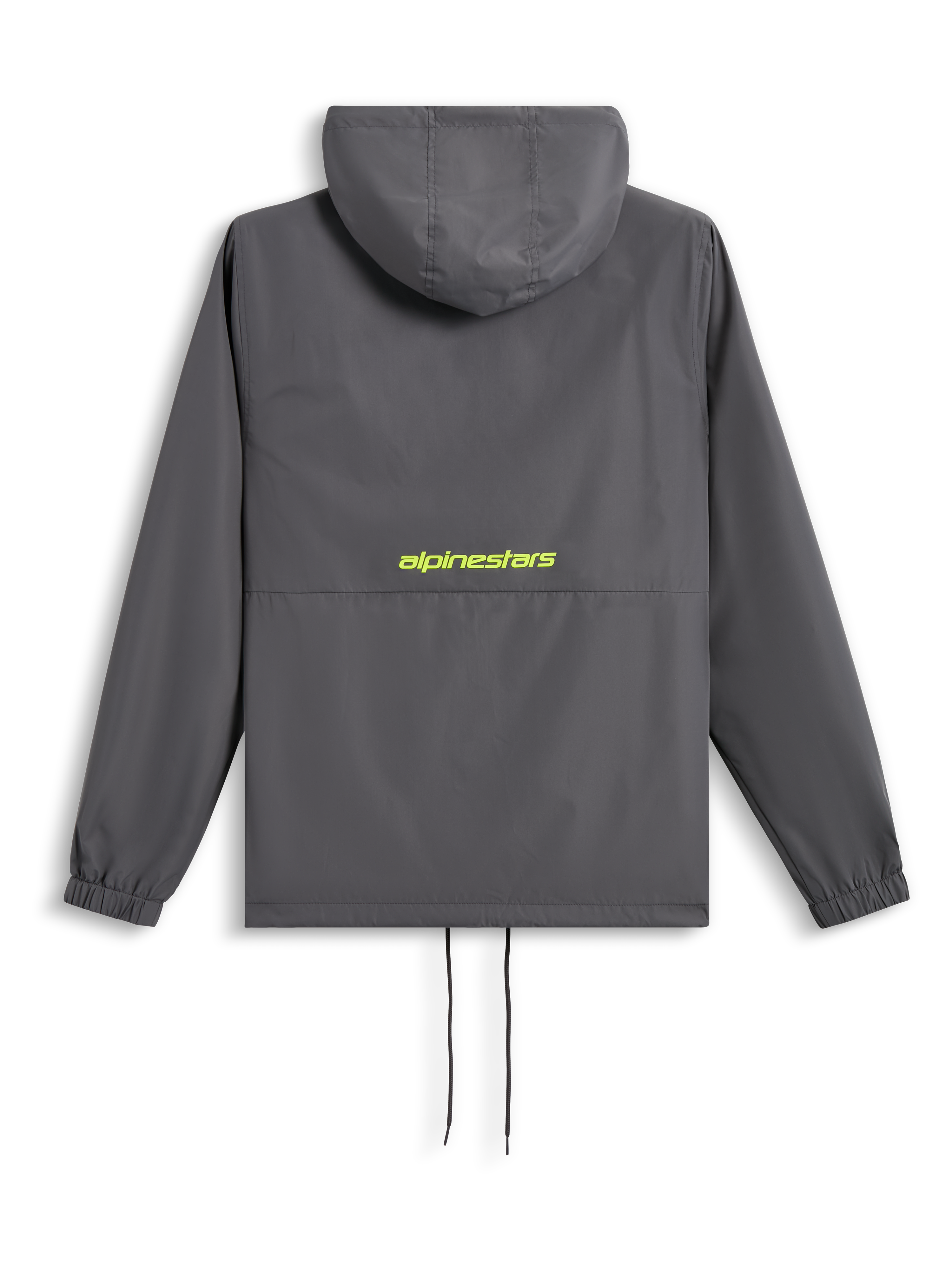 Giacca frangivento Alpinestars Speeder Chromium, vista posteriore, grigio antracite con logo giallo alta visibilità sulla schiena, giacca a vento con cappuccio con polsini elasticizzati e orlo con coulisse, streetwear casual ispirato al motorsport