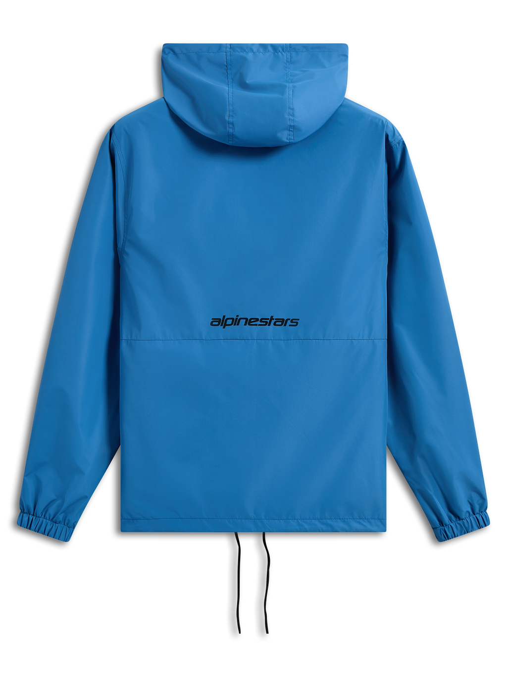 Giacca a vento Alpinestars Speeder Chromium, blu acceso, vista posteriore con logo Alpinestars nero, giacca a vento leggera con cappuccio, polsini elastici, orlo regolabile con cordini, abbigliamento casual ispirato al motorsport