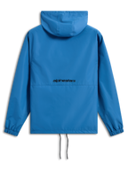 Giacca a vento Alpinestars Speeder Chromium, blu acceso, vista posteriore con logo Alpinestars nero, giacca a vento leggera con cappuccio, polsini elastici, orlo regolabile con cordini, abbigliamento casual ispirato al motorsport
