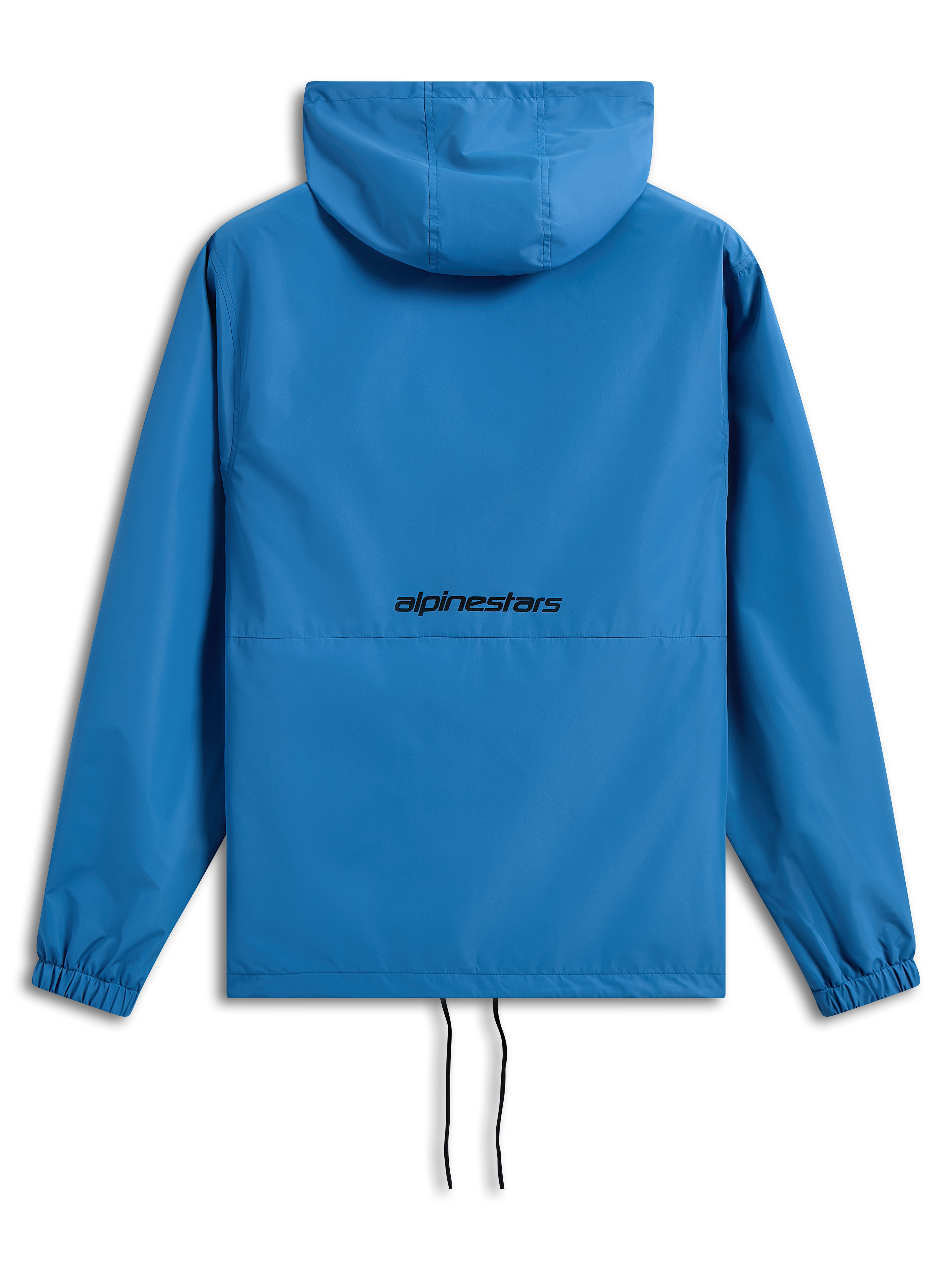Giacca a vento Alpinestars Speeder Chromium, blu acceso, vista posteriore con logo Alpinestars nero, giacca a vento leggera con cappuccio, polsini elastici, orlo regolabile con cordini, abbigliamento casual ispirato al motorsport