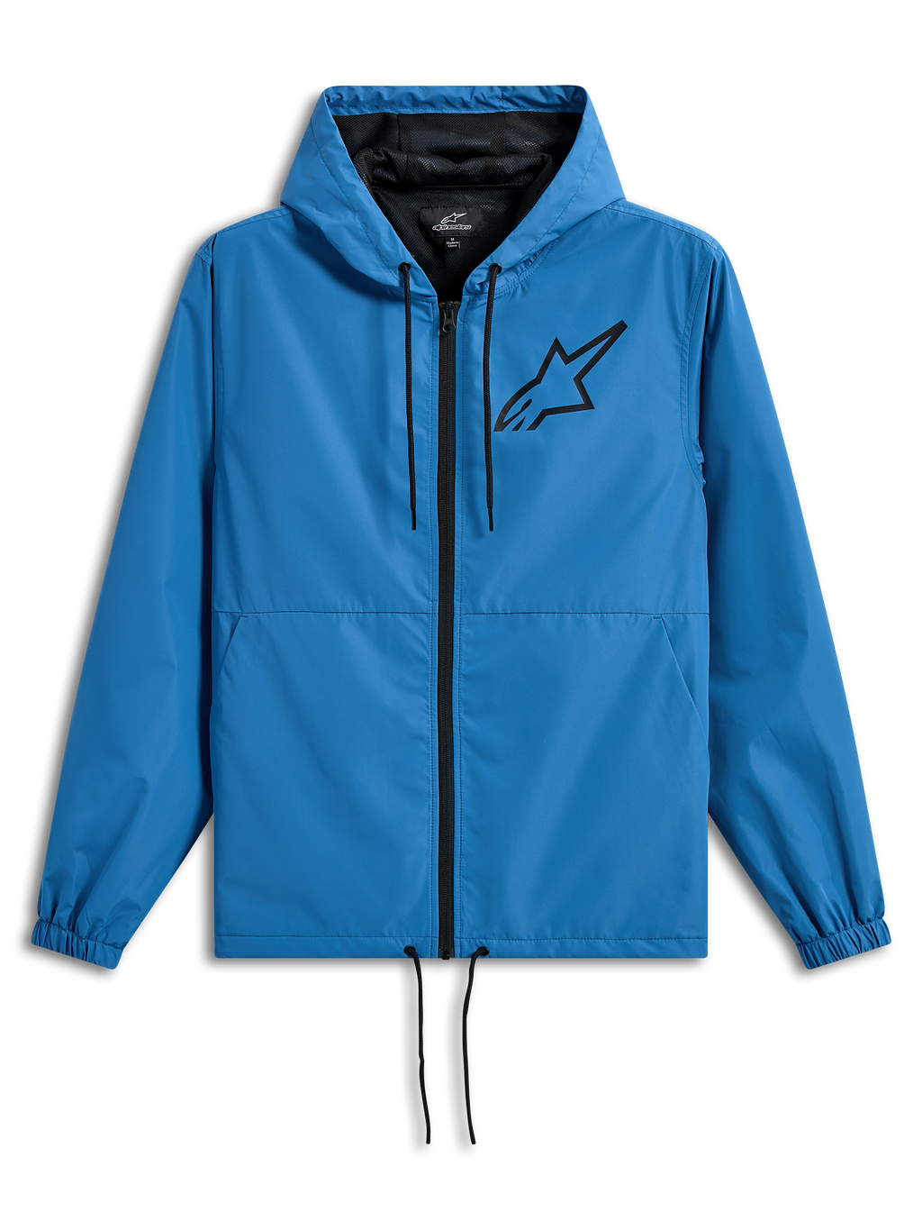 Alpinestars Speeder Chromium Windbreak Jacket, giacca a vento leggera con cappuccio, blu con dettagli neri, logo Astars nero sul petto, fodera in rete, cerniera frontale e cordini regolabili su cappuccio e orlo