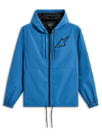 Alpinestars Speeder Chromium Windbreak Jacket, giacca a vento leggera con cappuccio, blu con dettagli neri, logo Astars nero sul petto, fodera in rete, cerniera frontale e cordini regolabili su cappuccio e orlo