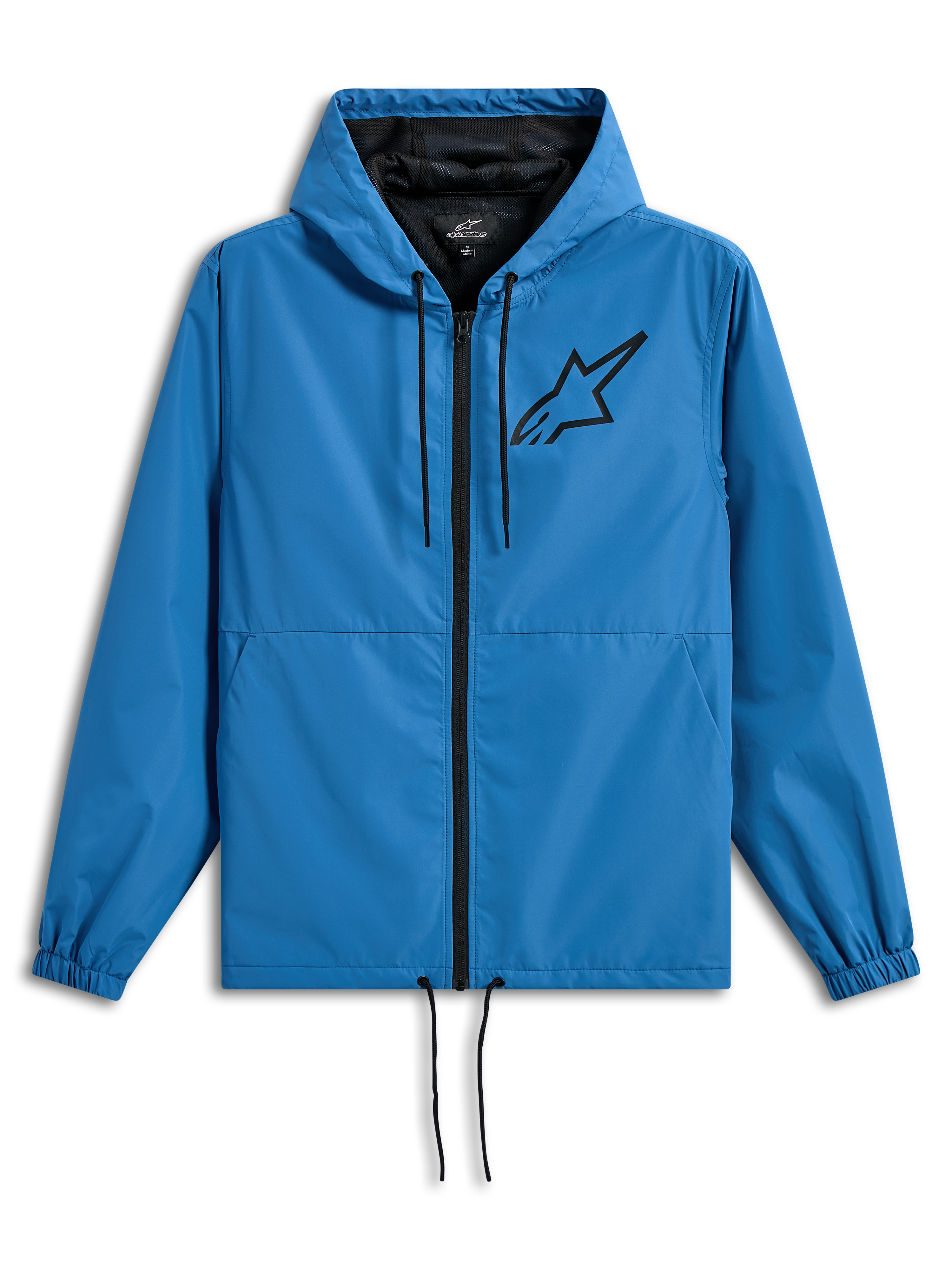 Alpinestars Speeder Chromium Windbreak Jacket, giacca a vento leggera con cappuccio, blu con dettagli neri, logo Astars nero sul petto, fodera in rete, cerniera frontale e cordini regolabili su cappuccio e orlo