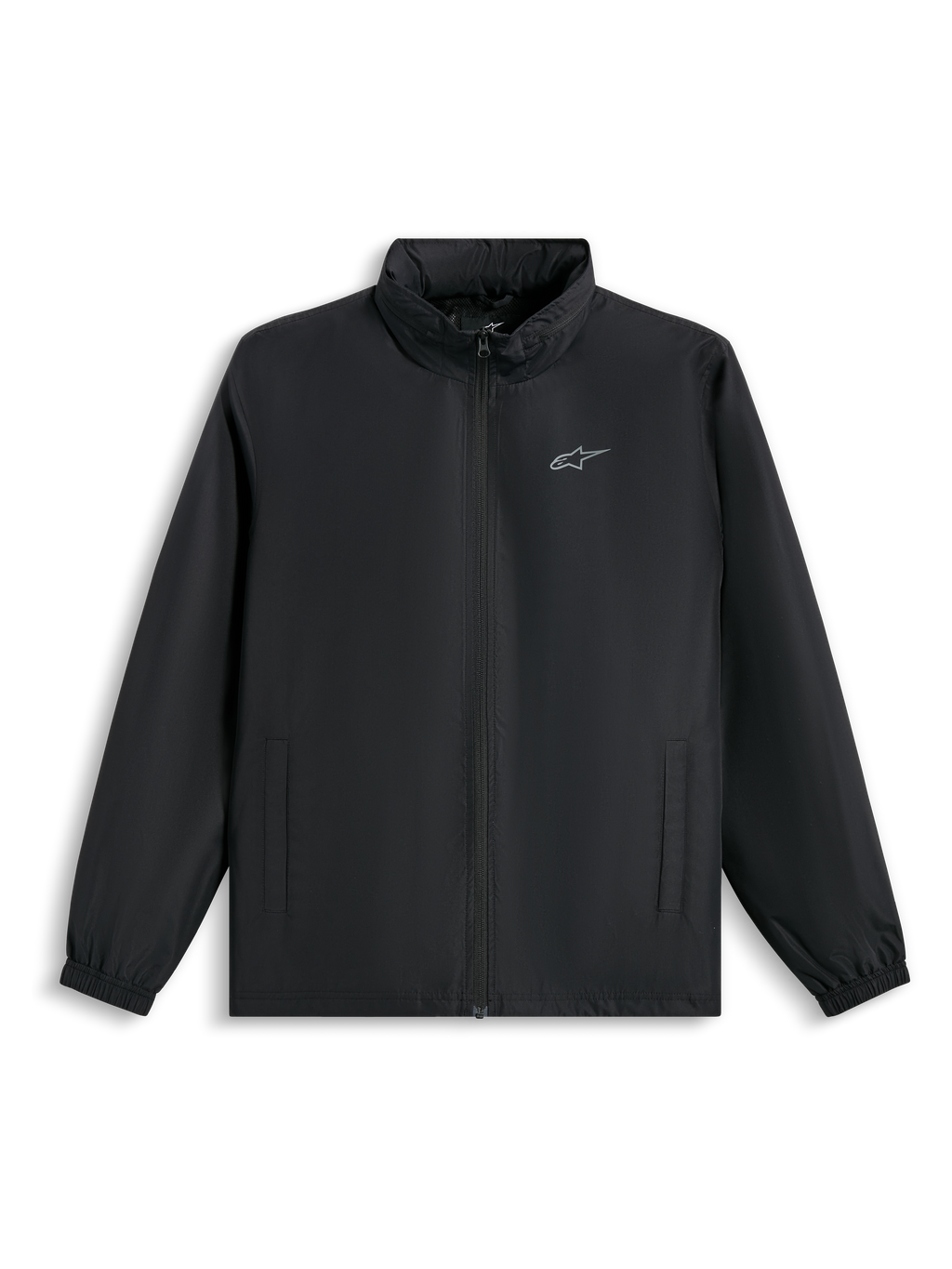 Giacca Alpinestars Overhaul Racer, giacca guscio antipioggia nera, con piccolo logo argento sul petto, cerniera frontale completa e tasche laterali, streetwear casual ispirato al motorsport