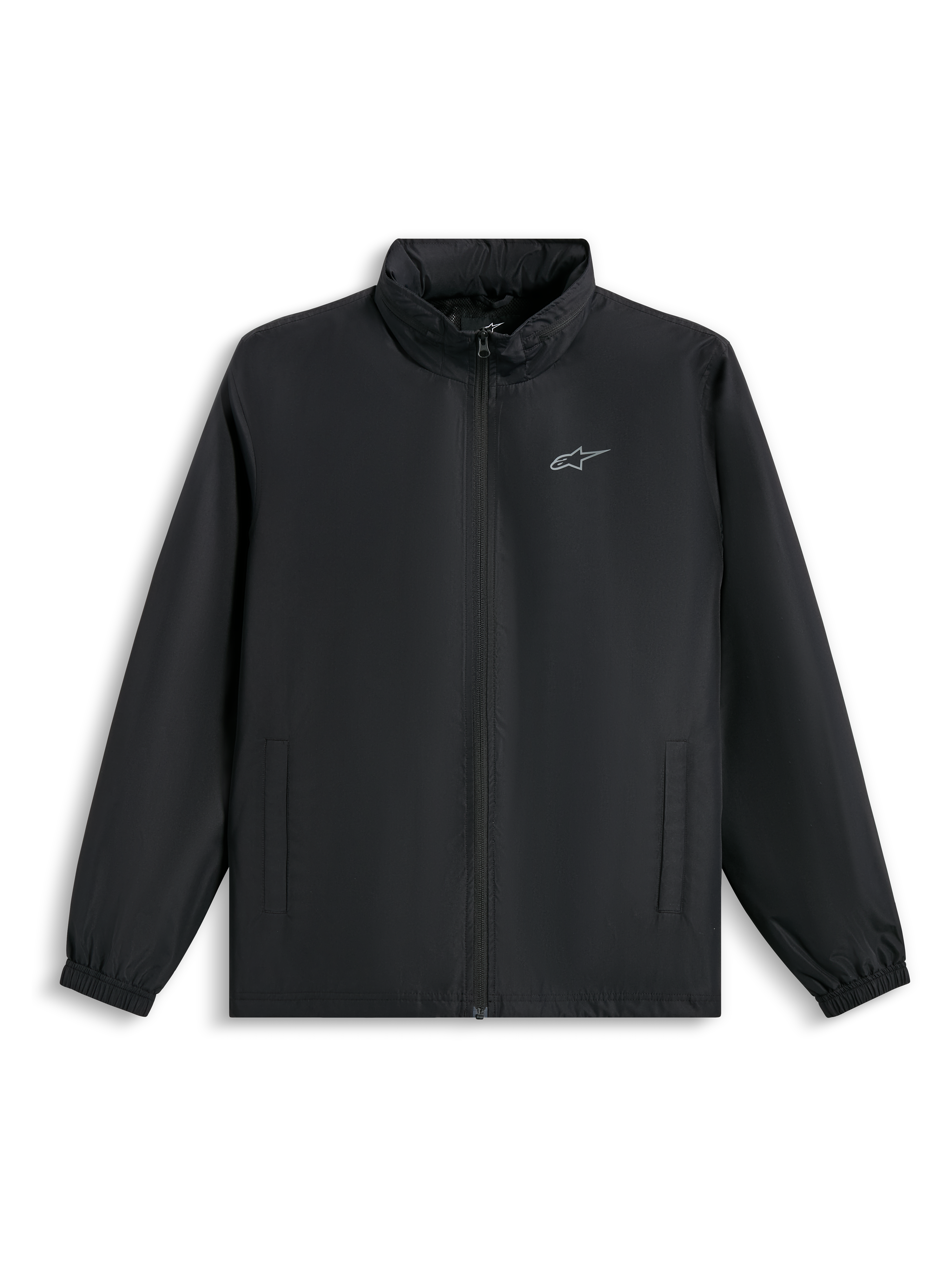 Giacca Alpinestars Overhaul Racer, giacca guscio antipioggia nera, con piccolo logo argento sul petto, cerniera frontale completa e tasche laterali, streetwear casual ispirato al motorsport