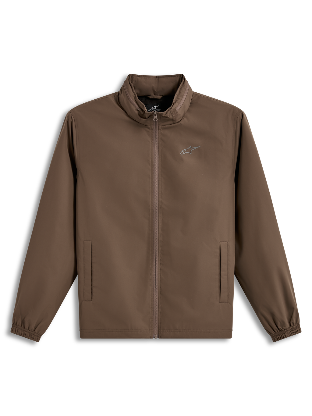 Alpinestars Overhaul Racer Giacca, giacca leggera marrone con cappuccio a scomparsa e logo sul petto, stile casual motorsport.