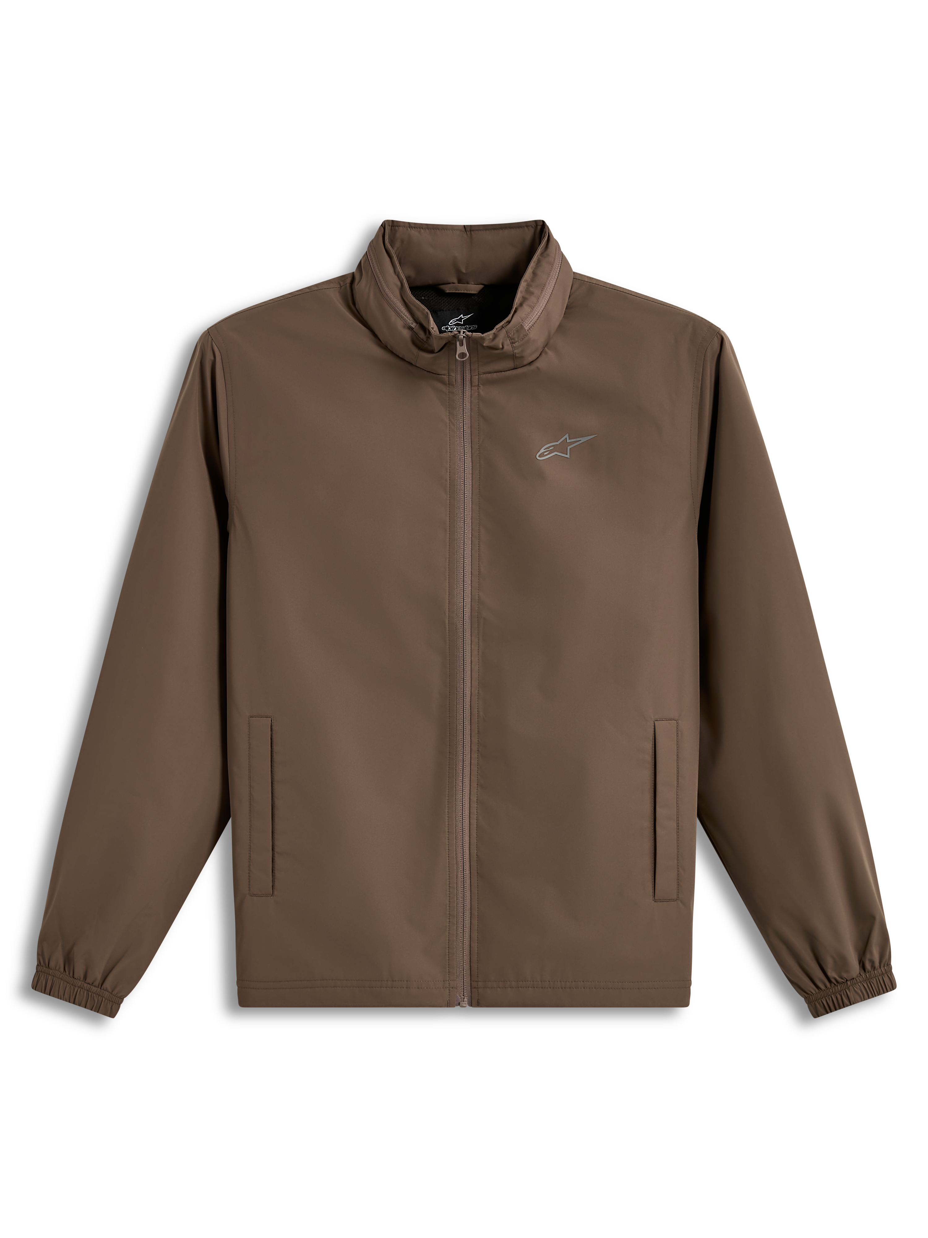 Alpinestars Overhaul Racer Giacca, giacca leggera marrone con cappuccio a scomparsa e logo sul petto, stile casual motorsport.