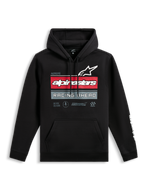Alpinestars Harken Hoodie, felpa con cappuccio nera, grafica frontale con logo Alpinestars e scritta 'Racing Ahead', strisce orizzontali rosse e grigie, tasca a marsupio, logo wordmark bianco sulla manica, streetwear casual ispirato al motorsport