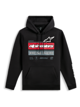 Alpinestars Harken Hoodie, felpa con cappuccio nera, grafica frontale con logo Alpinestars e scritta 'Racing Ahead', strisce orizzontali rosse e grigie, tasca a marsupio, logo wordmark bianco sulla manica, streetwear casual ispirato al motorsport