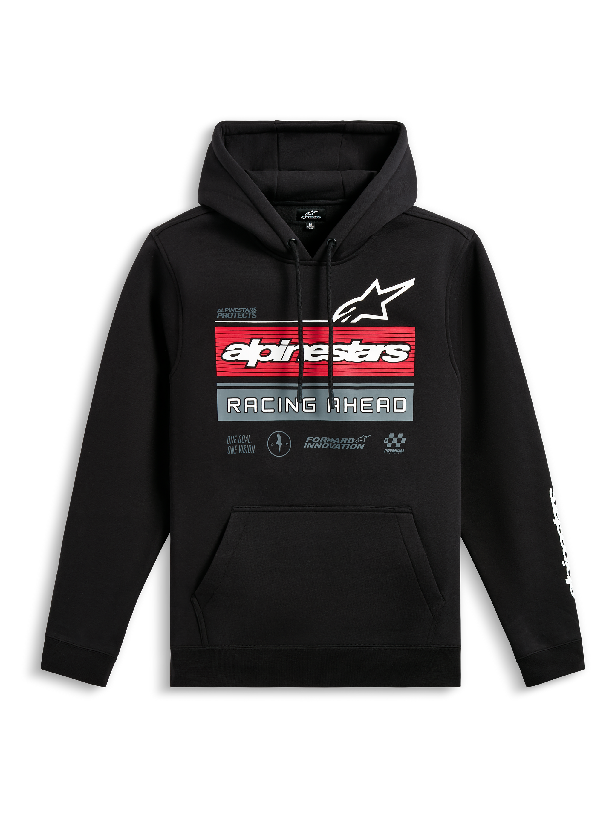 Alpinestars Harken Hoodie, felpa con cappuccio nera, grafica frontale con logo Alpinestars e scritta 'Racing Ahead', strisce orizzontali rosse e grigie, tasca a marsupio, logo wordmark bianco sulla manica, streetwear casual ispirato al motorsport