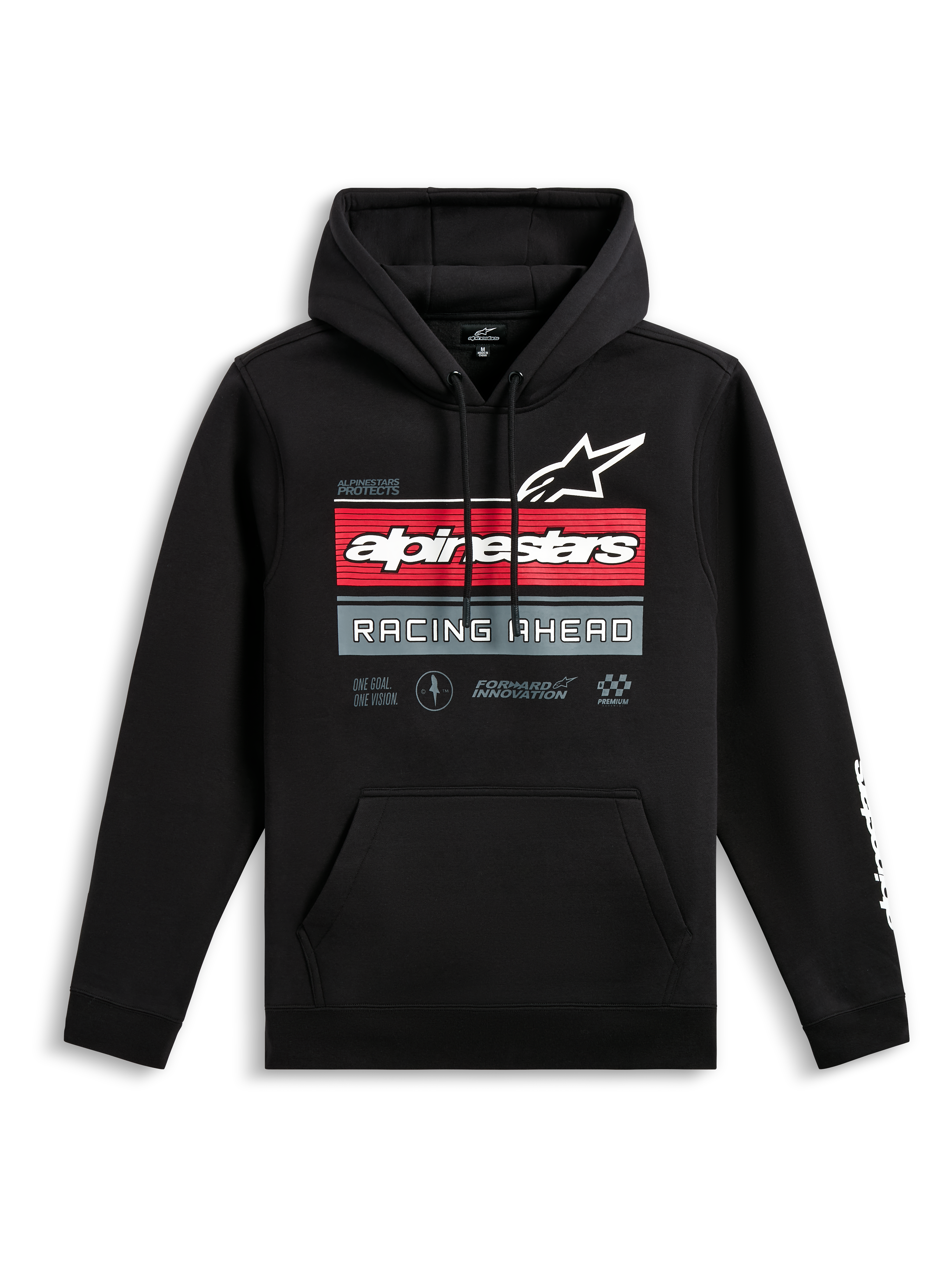Alpinestars Harken Hoodie, felpa con cappuccio nera, grafica frontale con logo Alpinestars e scritta 'Racing Ahead', strisce orizzontali rosse e grigie, tasca a marsupio, logo wordmark bianco sulla manica, streetwear casual ispirato al motorsport