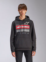 Alpinestars Harken Hoodie, felpa in pile nera modello pullover, con grafica sfumata rossa e grigia, logo Alpinestars e scritta 'Racing Ahead', tasca a marsupio, cappuccio con cordino e branding sulle maniche, design casual ispirato al motorsport