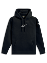 Alpinestars Frontal Hoodie, felpa streetwear casual, nera con logo a stella Alpinestars bianco sul petto, tasca a marsupio, cappuccio con cordoncino, maniche lunghe, design ispirato al motorsport