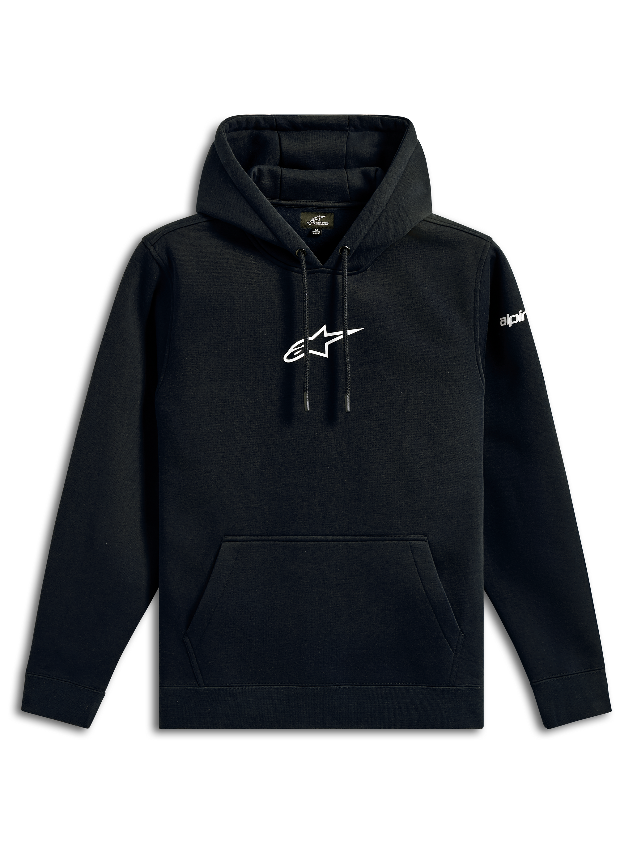 Alpinestars Frontal Hoodie, felpa streetwear casual, nera con logo a stella Alpinestars bianco sul petto, tasca a marsupio, cappuccio con cordoncino, maniche lunghe, design ispirato al motorsport