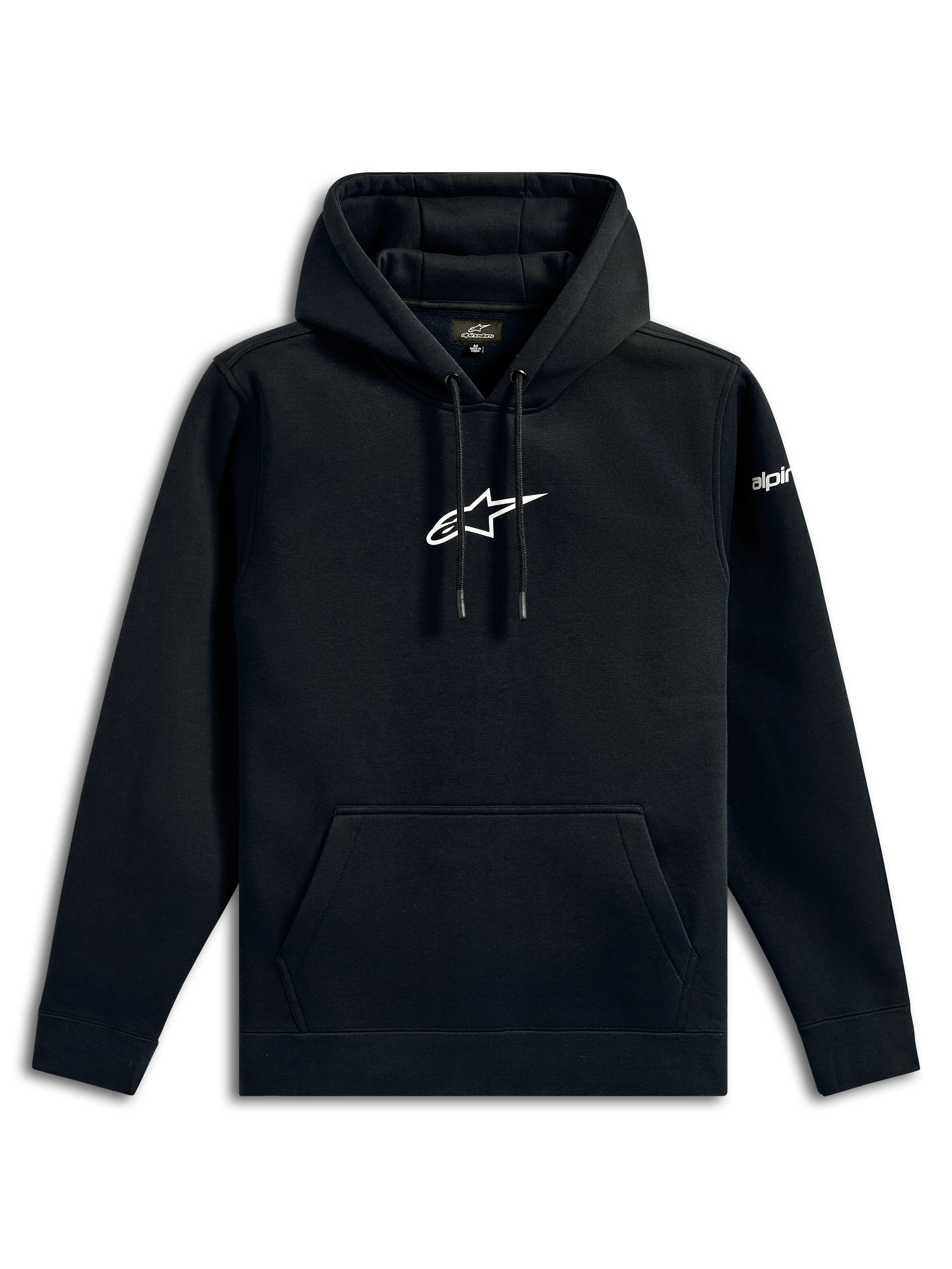 Alpinestars Frontal Hoodie, felpa streetwear casual, nera con logo a stella Alpinestars bianco sul petto, tasca a marsupio, cappuccio con cordoncino, maniche lunghe, design ispirato al motorsport
