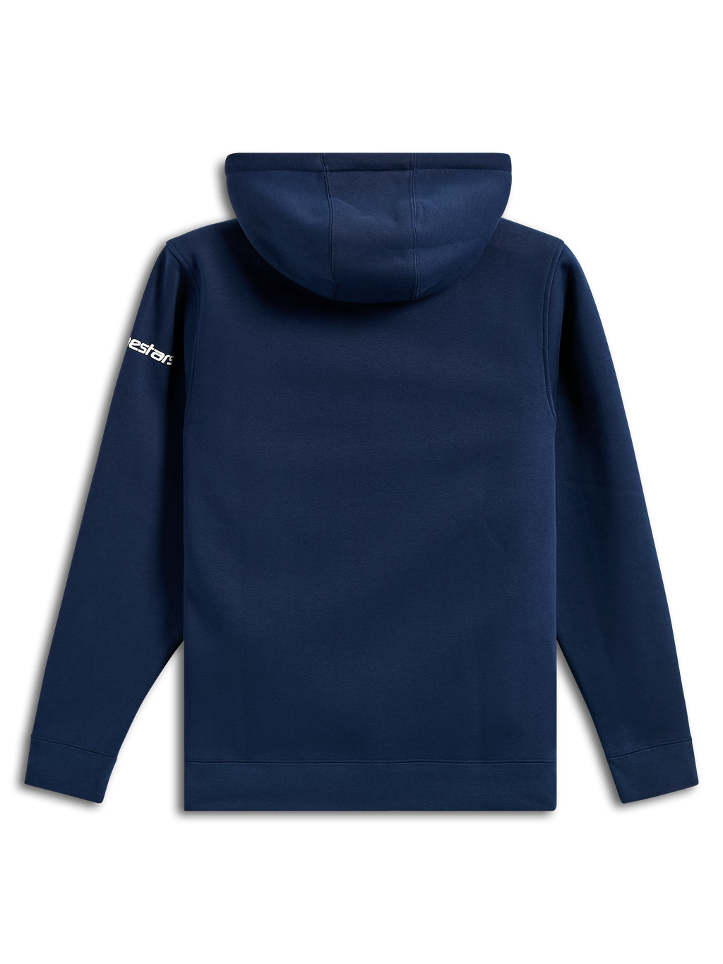 Alpinestars Frontal Hoodie, felpa casual in pile blu navy, vista posteriore, logo Alpinestars bianco sulla manica, polsini e orlo a coste, streetwear ispirato al motorsport