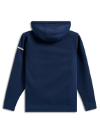 Alpinestars Frontal Hoodie, felpa casual in pile blu navy, vista posteriore, logo Alpinestars bianco sulla manica, polsini e orlo a coste, streetwear ispirato al motorsport