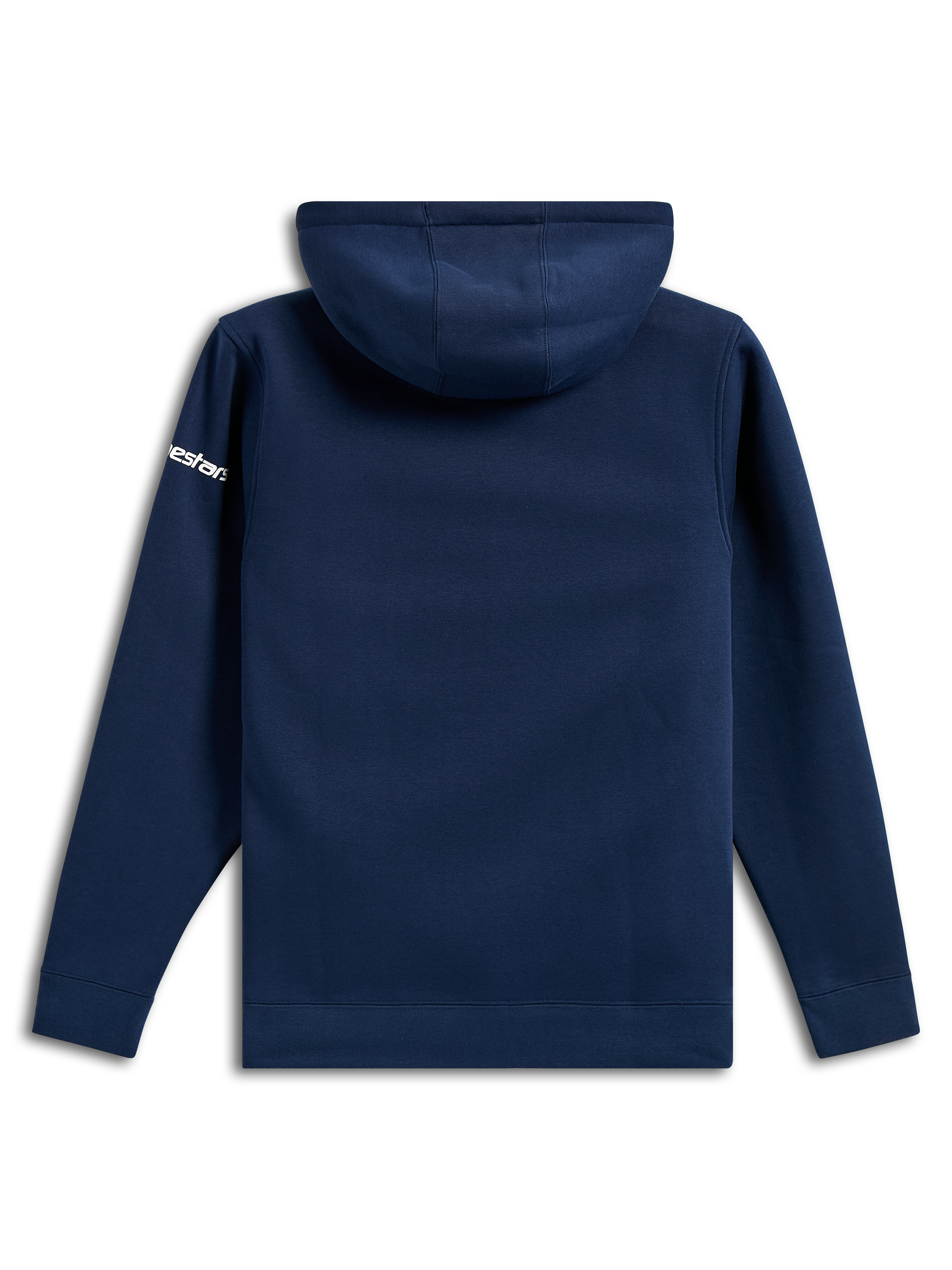 Alpinestars Frontal Hoodie, felpa casual in pile blu navy, vista posteriore, logo Alpinestars bianco sulla manica, polsini e orlo a coste, streetwear ispirato al motorsport