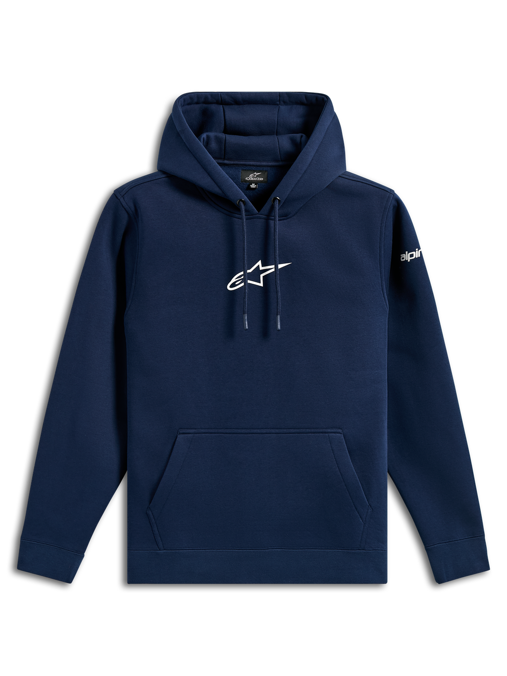 Alpinestars Frontal Hoodie, felpa casual streetwear, blu navy con logo Astars bianco sul petto e scritta sulla manica, cappuccio con cordino, tasca a marsupio, design moderno ispirato al motorsport