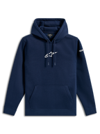 Alpinestars Frontal Hoodie, felpa casual streetwear, blu navy con logo Astars bianco sul petto e scritta sulla manica, cappuccio con cordino, tasca a marsupio, design moderno ispirato al motorsport