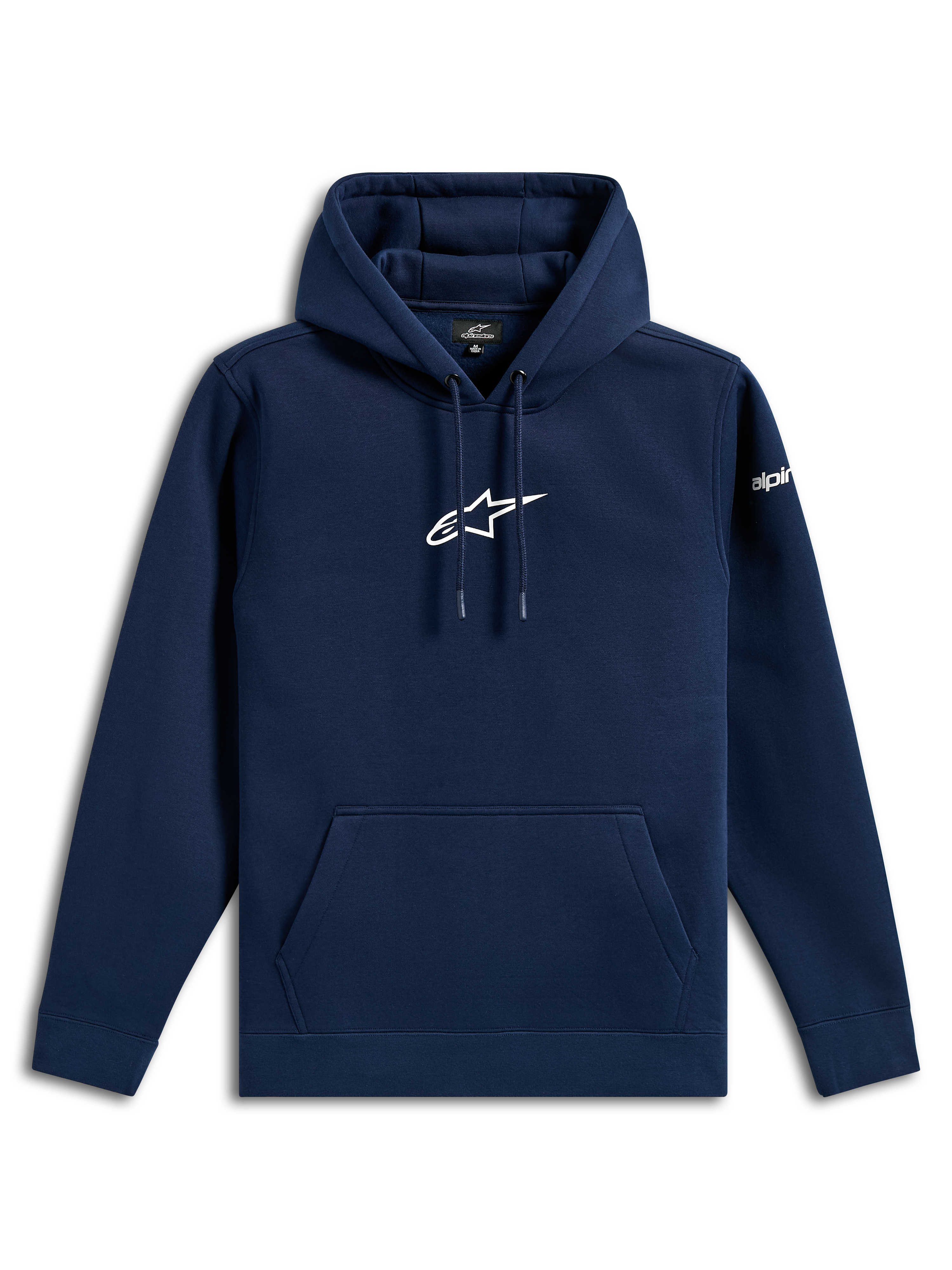 Alpinestars Frontal Hoodie, felpa casual streetwear, blu navy con logo Astars bianco sul petto e scritta sulla manica, cappuccio con cordino, tasca a marsupio, design moderno ispirato al motorsport