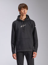 Alpinestars Frontal Hoodie, felpa nera con cappuccio, logo Alpinestars bianco sul petto, scritta bianca sulla manica, tasca a marsupio, abbigliamento casual motorsport streetwear