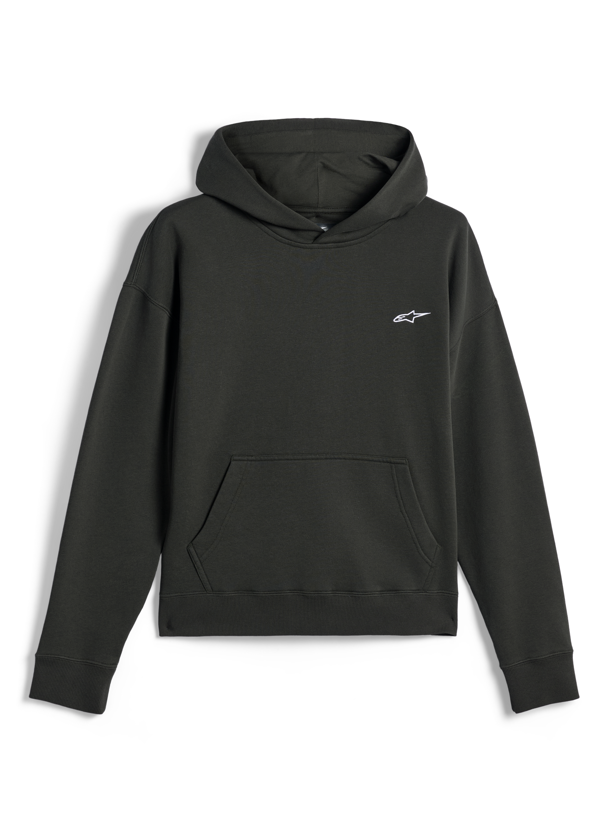 Felpa con cappuccio Alpinestars Essentials Ageless, streetwear casual, colore Off Black con piccolo logo Astars bianco, modello pullover con cappuccio e tasca a marsupio frontale, finitura in pile premium stone-washed