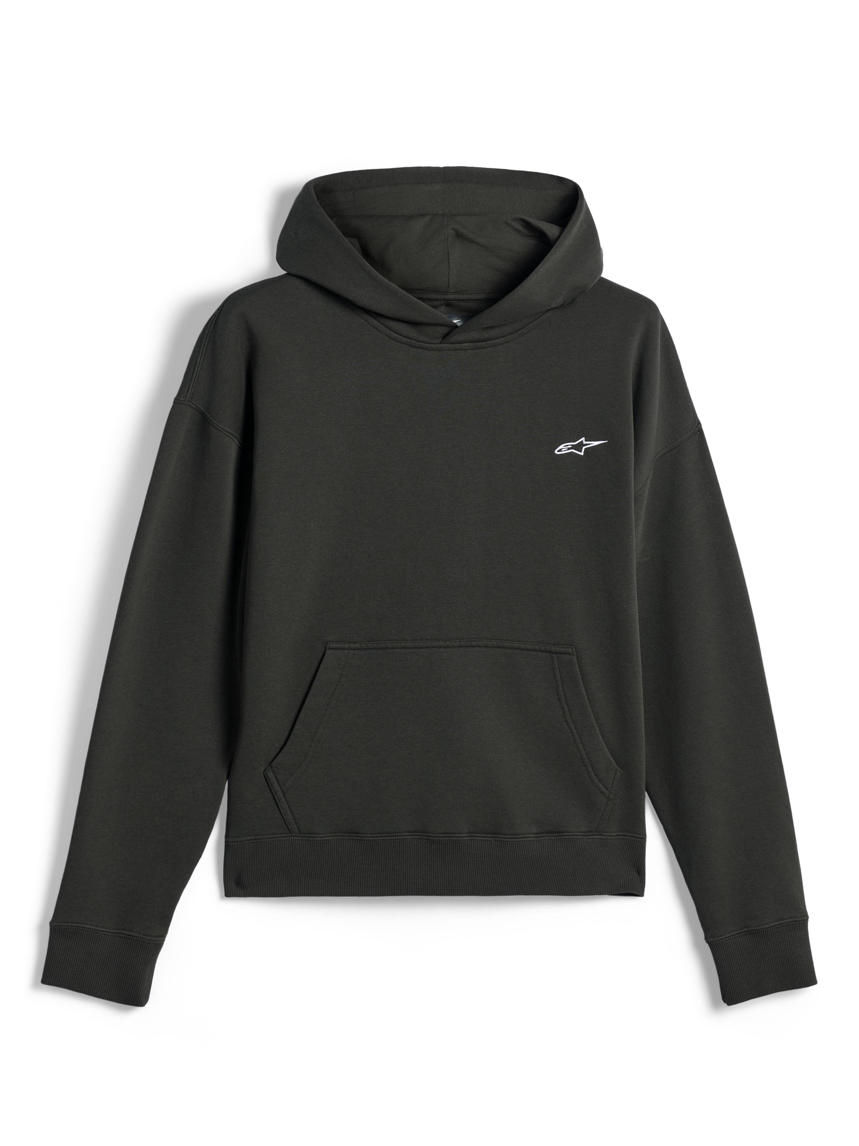 Felpa con cappuccio Alpinestars Essentials Ageless, streetwear casual, colore Off Black con piccolo logo Astars bianco, modello pullover con cappuccio e tasca a marsupio frontale, finitura in pile premium stone-washed