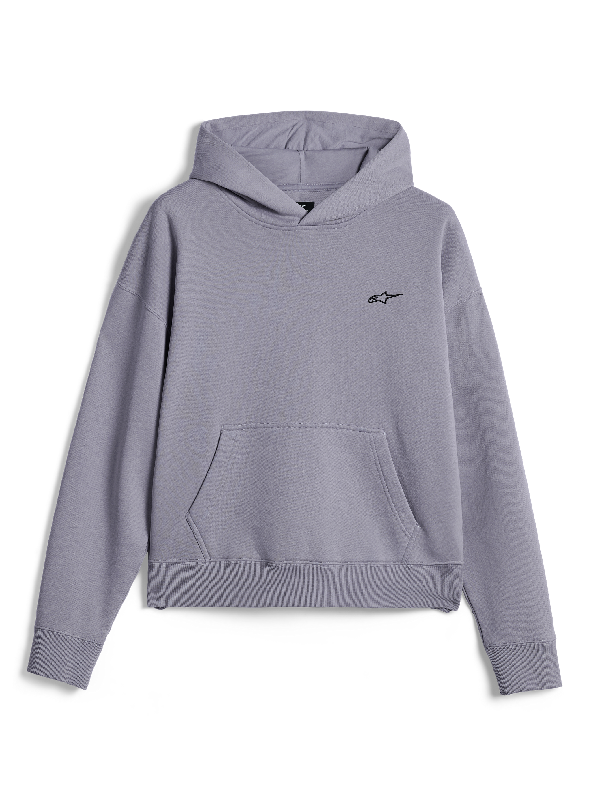 Felpa con cappuccio Alpinestars Essentials Ageless, streetwear casual, pile silver con lavaggio stone-wash, piccolo logo Astars nero sul petto, tasca a marsupio frontale, design pullover con cappuccio