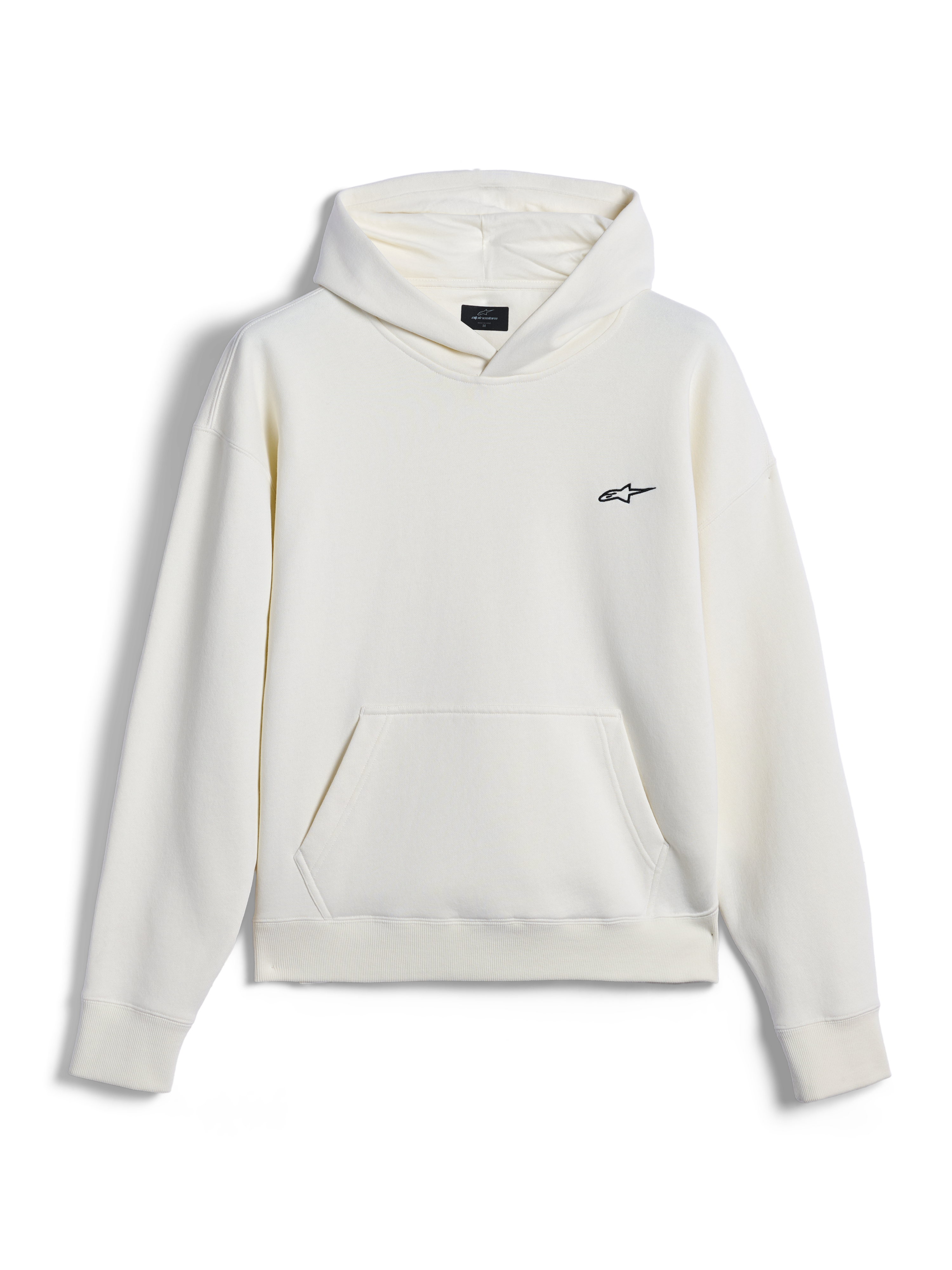 Felpa con cappuccio Alpinestars Essentials Ageless, streetwear casual, bianco sporco con piccolo logo Astar nero sul petto, tasca a marsupio, maniche lunghe, design minimalista ispirato al motorsport