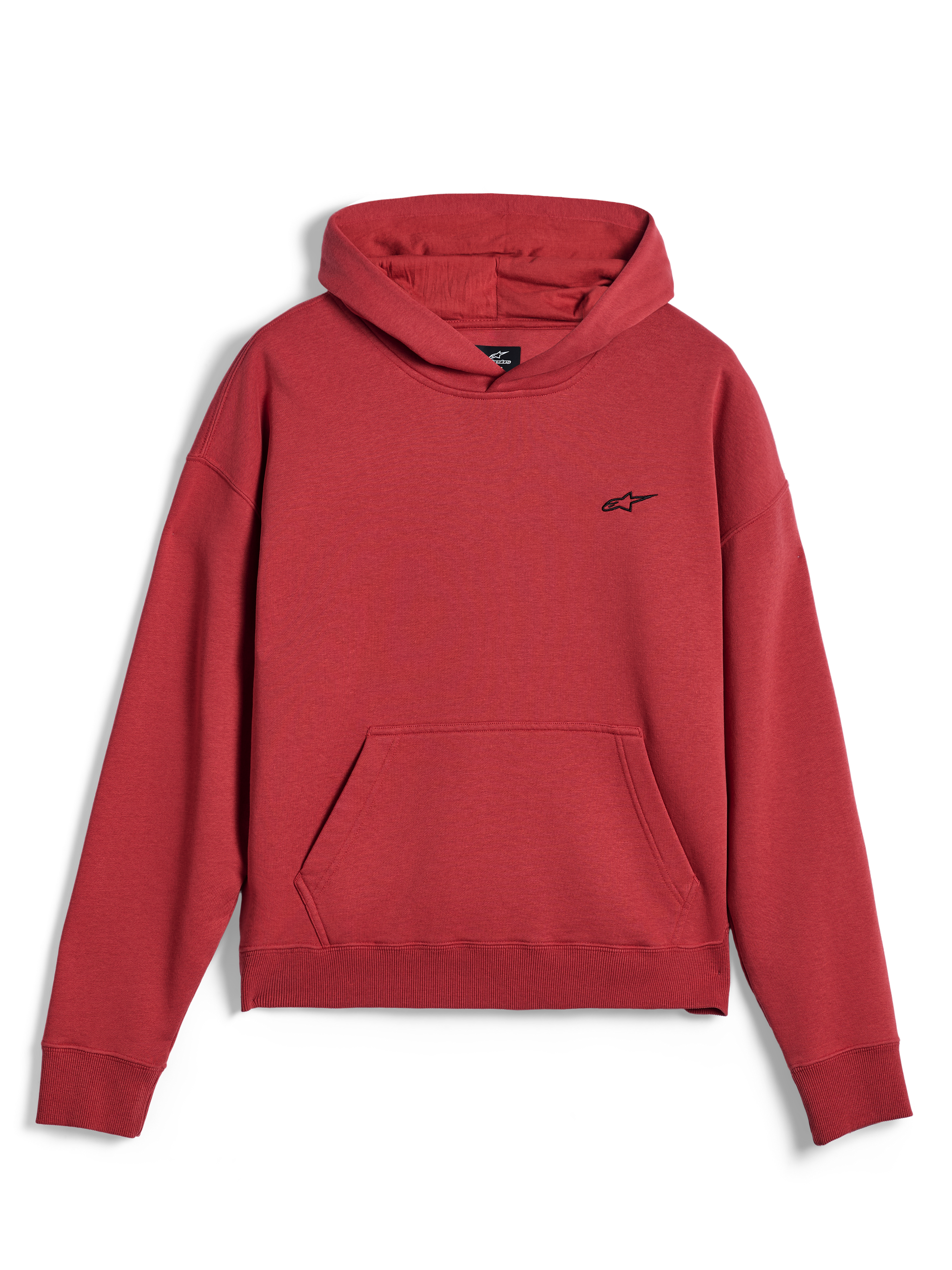 Alpinestars Essentials Ageless Hoodie, abbigliamento sportivo casual, rosso mattone, con un piccolo logo a stella Alpinestars nero sul petto, tasca a marsupio e orlo e polsini a costine, design streetwear minimalista
