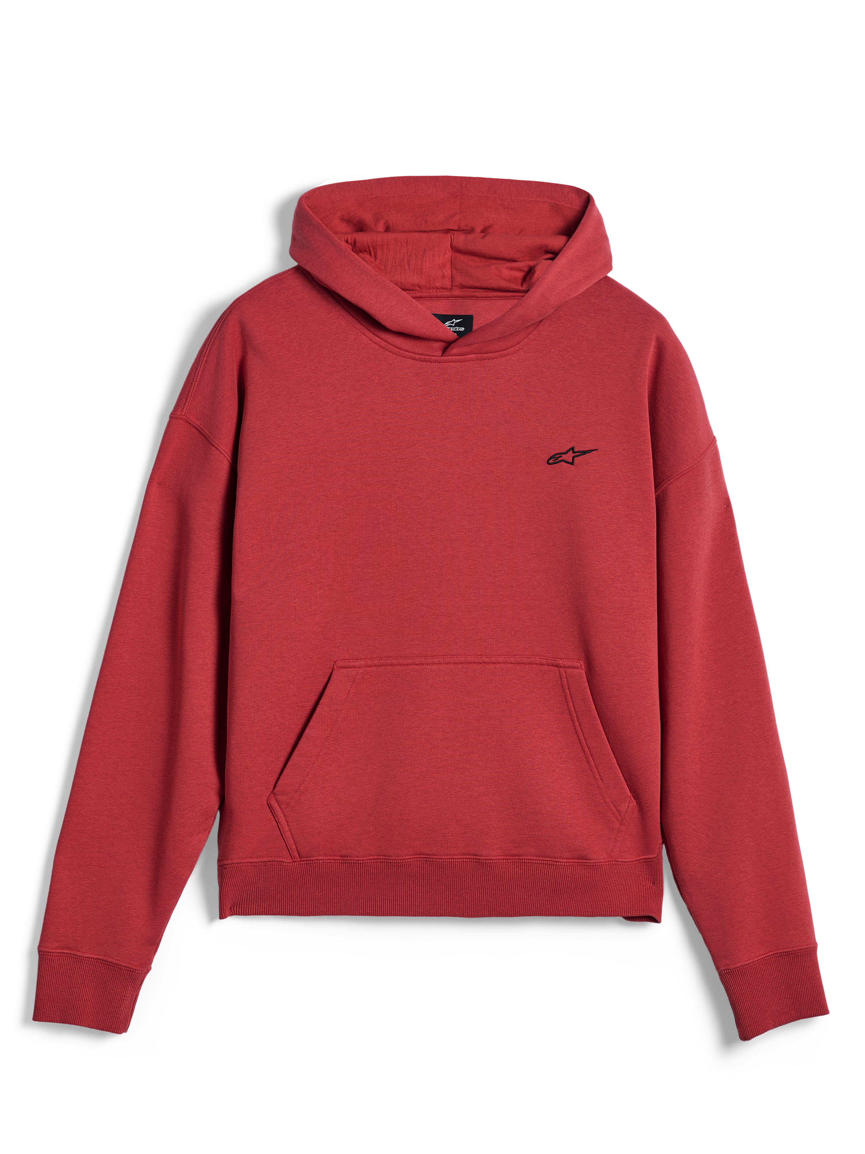 Alpinestars Essentials Ageless Hoodie, abbigliamento sportivo casual, rosso mattone, con un piccolo logo a stella Alpinestars nero sul petto, tasca a marsupio e orlo e polsini a costine, design streetwear minimalista