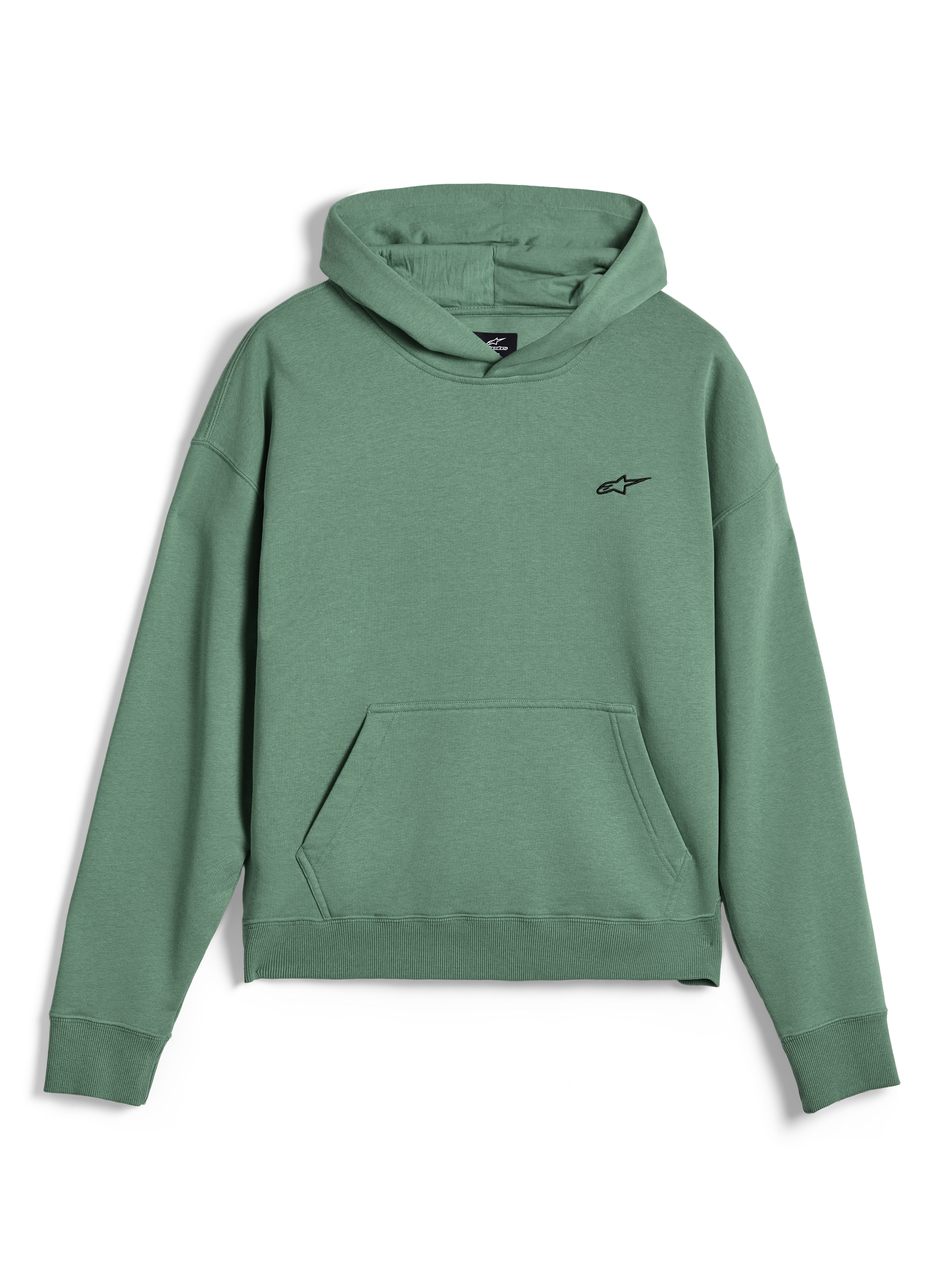 Alpinestars Essentials Ageless Hoodie, felpa streetwear casual, verde Cactus con finitura stone wash, piccolo logo Alpinestars nero sul petto, tasca a marsupio frontale, polsini e orlo a costine, materiale in pile pregiato
