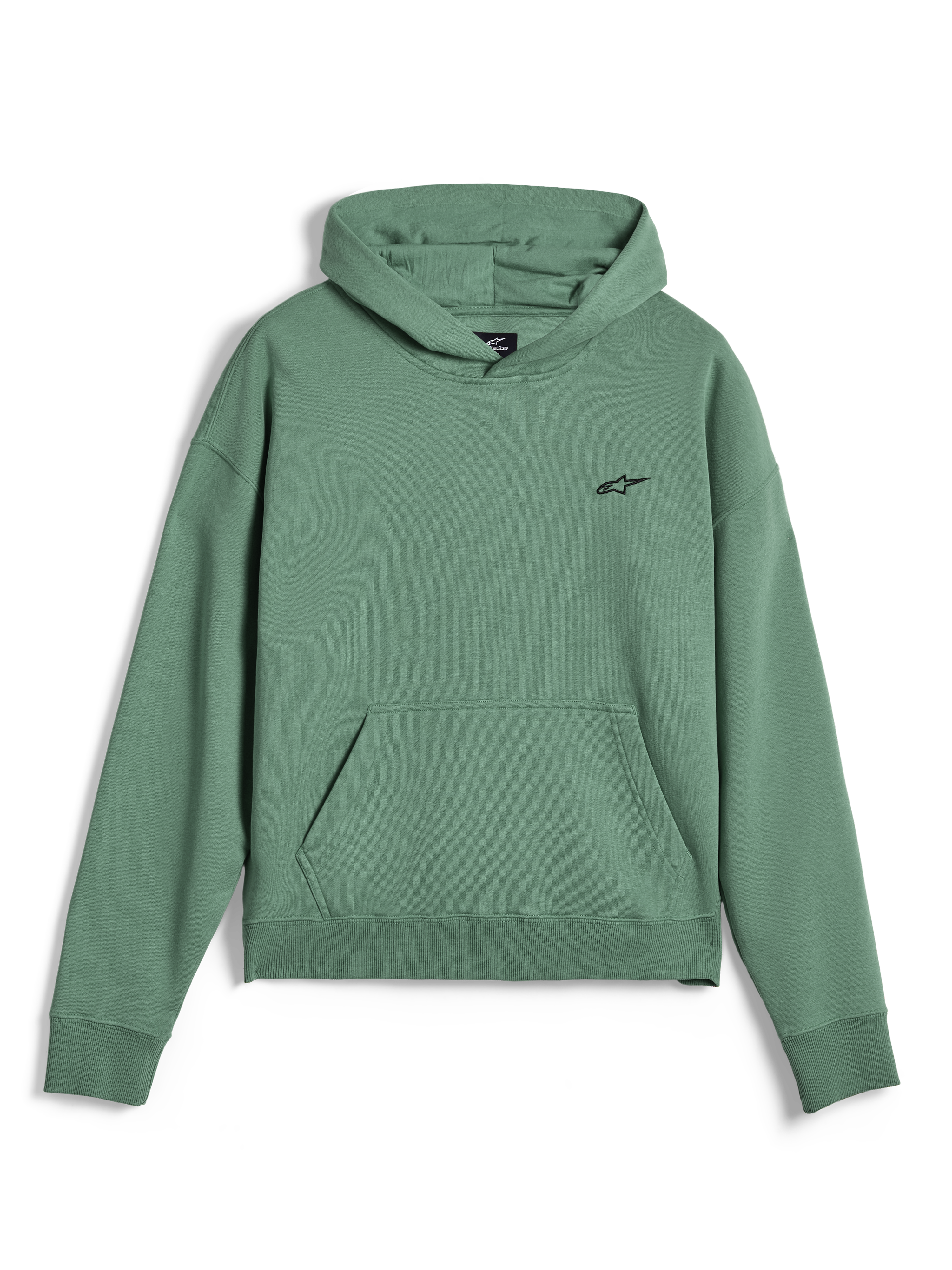 Alpinestars Essentials Ageless Hoodie, felpa streetwear casual, verde Cactus con finitura stone wash, piccolo logo Alpinestars nero sul petto, tasca a marsupio frontale, polsini e orlo a costine, materiale in pile pregiato