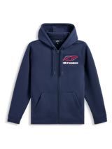Felpa con cappuccio Alpinestars Formulation, abbigliamento sportivo casual, blu navy con logo sul petto rosso e bianco, zip frontale integrale, cappuccio con cordini, maniche lunghe, polsini e orlo a coste