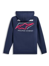 Felpa con cappuccio Alpinestars Formulation, vista posteriore, blu navy, grande logo a stella Alpinestars rosa con bordo grigio e scritta bianca 'RACING AHEAD', streetwear casual ispirato al motorsport