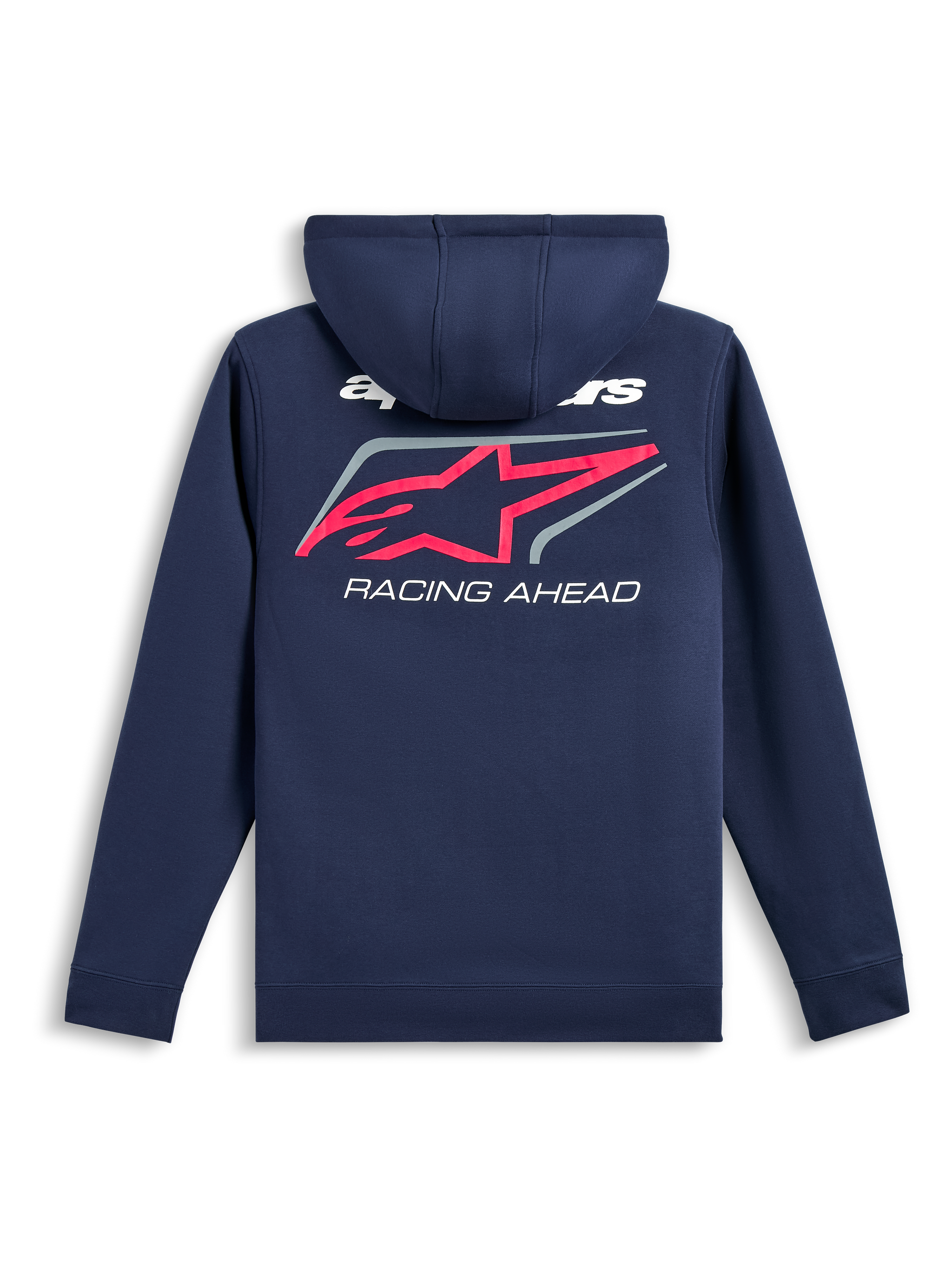 Felpa con cappuccio Alpinestars Formulation, vista posteriore, blu navy, grande logo a stella Alpinestars rosa con bordo grigio e scritta bianca 'RACING AHEAD', streetwear casual ispirato al motorsport
