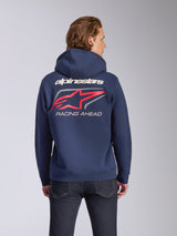 Felpa con cappuccio Alpinestars Formulation, blu navy, vista posteriore con marchio Alpinestars bianco, grande logo A-stars rosso con accenti grigi e scritta 'RACING AHEAD', streetwear casual motorsport