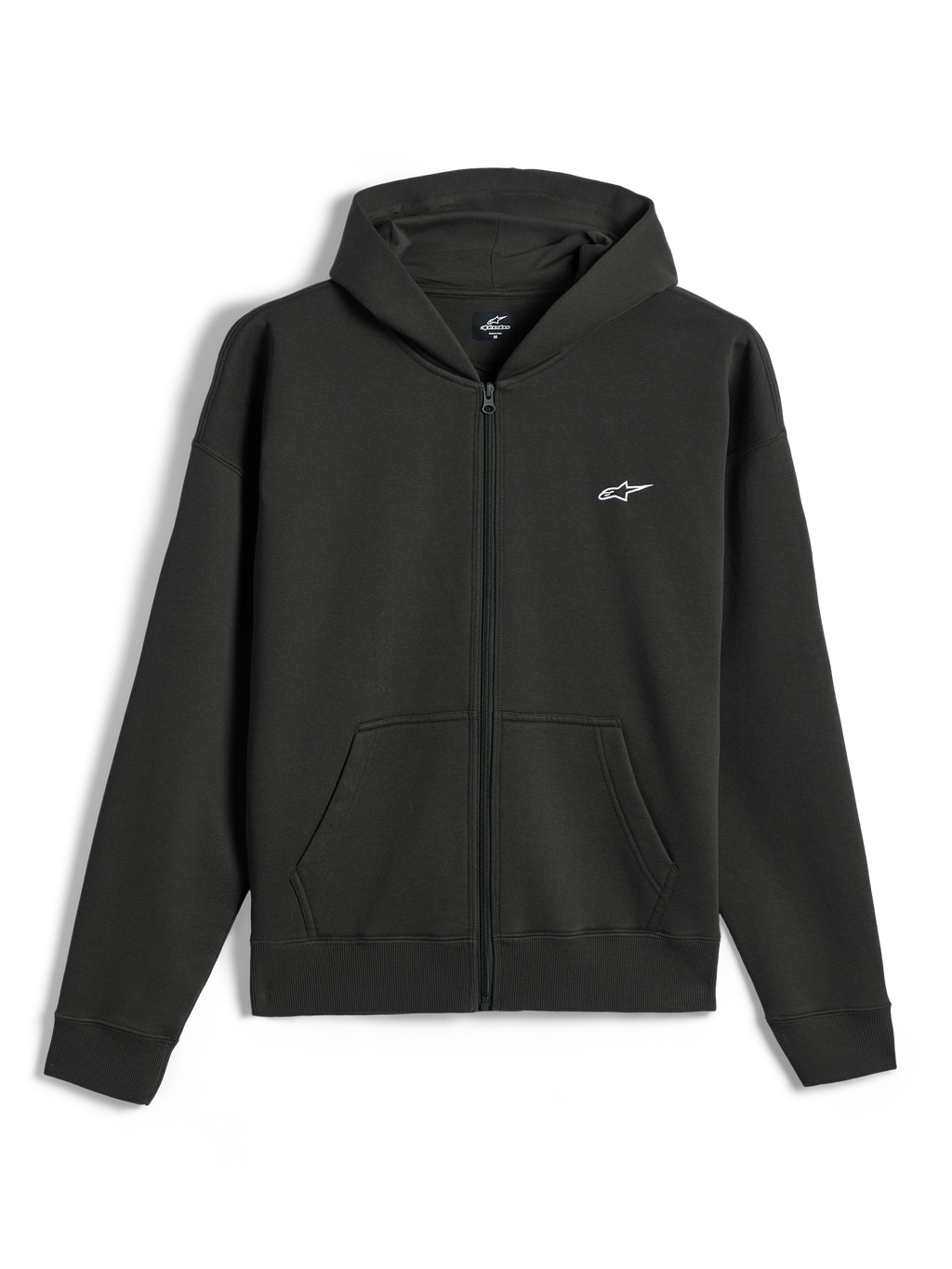 Alpinestars Essentials Ageless Zip Hoodie, felpa in pile con zip integrale, Off Black, piccolo logo Alpinestars bianco sul petto a sinistra, streetwear casual motorsport, con tasche anteriori e polsini a costine