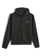 Alpinestars Essentials Ageless Zip Hoodie, felpa in pile con zip integrale, Off Black, piccolo logo Alpinestars bianco sul petto a sinistra, streetwear casual motorsport, con tasche anteriori e polsini a costine