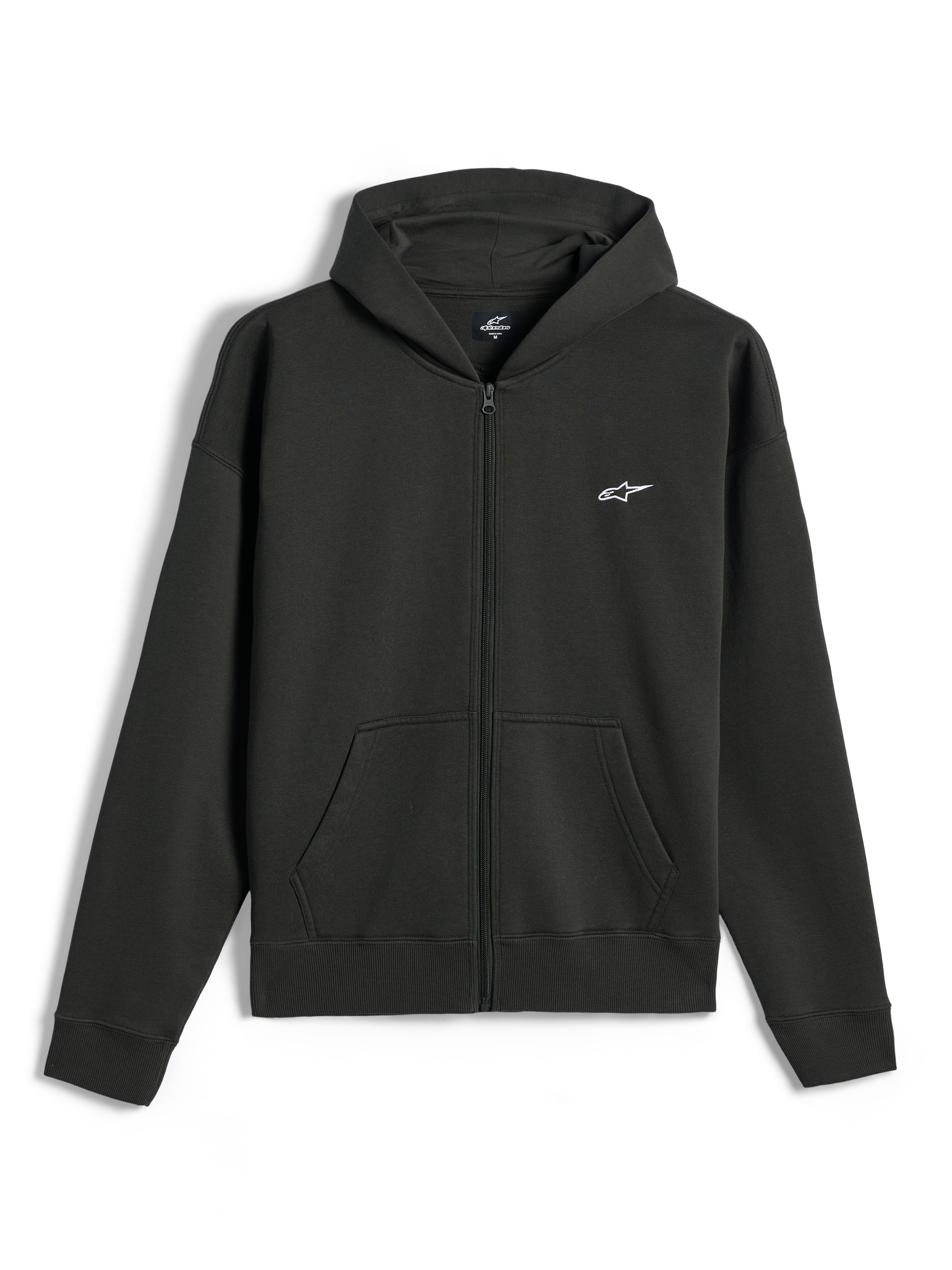 Alpinestars Essentials Ageless Zip Hoodie, felpa in pile con zip integrale, Off Black, piccolo logo Alpinestars bianco sul petto a sinistra, streetwear casual motorsport, con tasche anteriori e polsini a costine