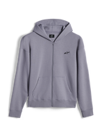 Felpa con cappuccio Alpinestars Essentials Ageless Zip, streetwear casual, colore argento, piccolo logo Alpinestars nero sul petto, zip frontale integrale con tasche a marsupio, polsini e orlo a costine, design minimalista ispirato al motorsport