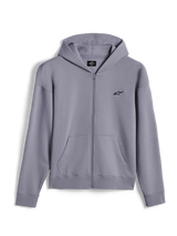 Felpa con cappuccio Alpinestars Essentials Ageless Zip, streetwear casual, colore argento, piccolo logo Alpinestars nero sul petto, zip frontale integrale con tasche a marsupio, polsini e orlo a costine, design minimalista ispirato al motorsport
