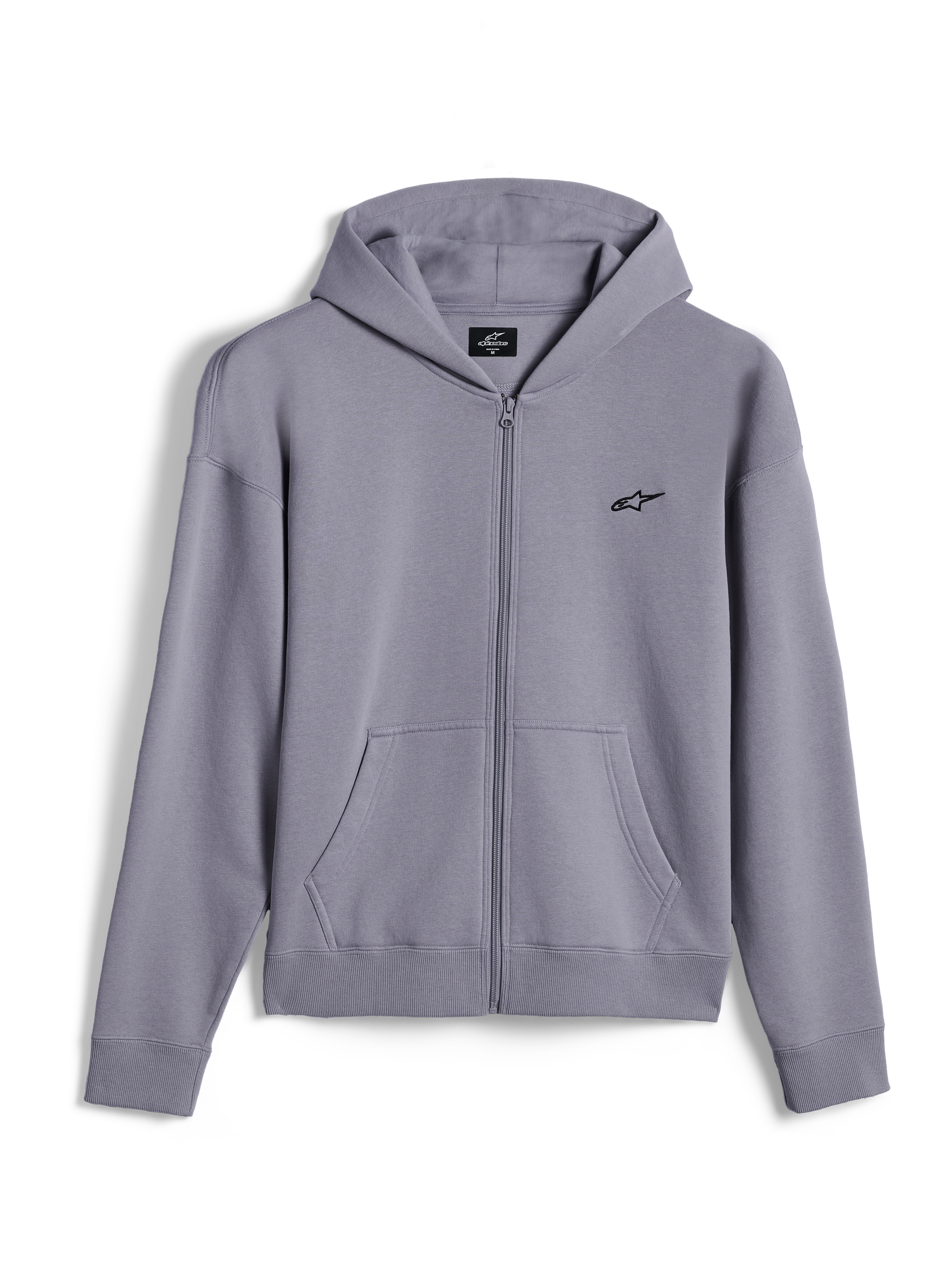 Felpa con cappuccio Alpinestars Essentials Ageless Zip, streetwear casual, colore argento, piccolo logo Alpinestars nero sul petto, zip frontale integrale con tasche a marsupio, polsini e orlo a costine, design minimalista ispirato al motorsport