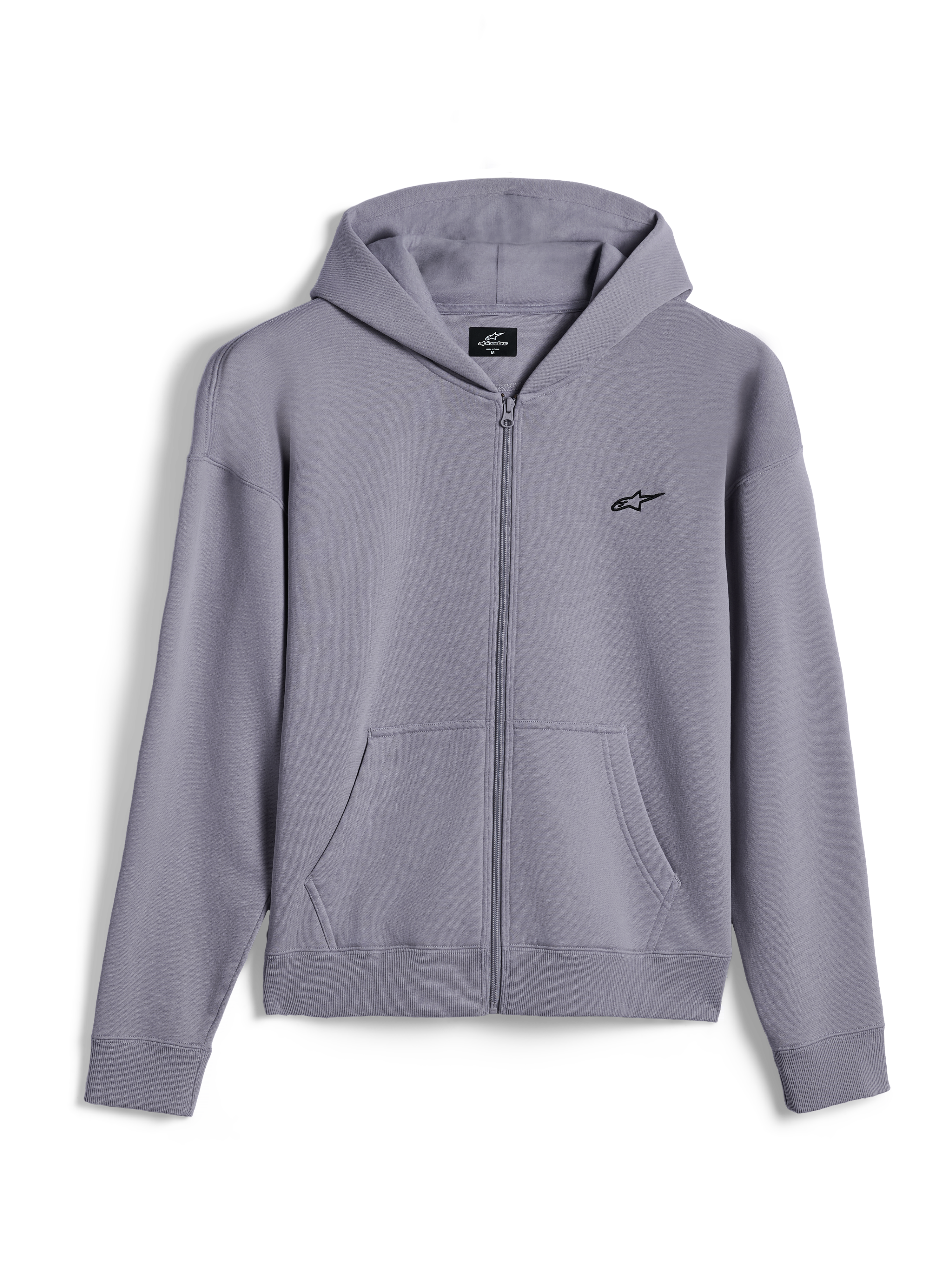Felpa con cappuccio Alpinestars Essentials Ageless Zip, streetwear casual, colore argento, piccolo logo Alpinestars nero sul petto, zip frontale integrale con tasche a marsupio, polsini e orlo a costine, design minimalista ispirato al motorsport