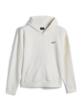 Alpinestars Essentials Ageless Zip Hoodie, felpa casual streetwear, bianco sporco con piccolo logo Alpinestars nero, chiusura frontale con zip, tasca a marsupio divisa, vestibilità rilassata, design in pile compatto premium
